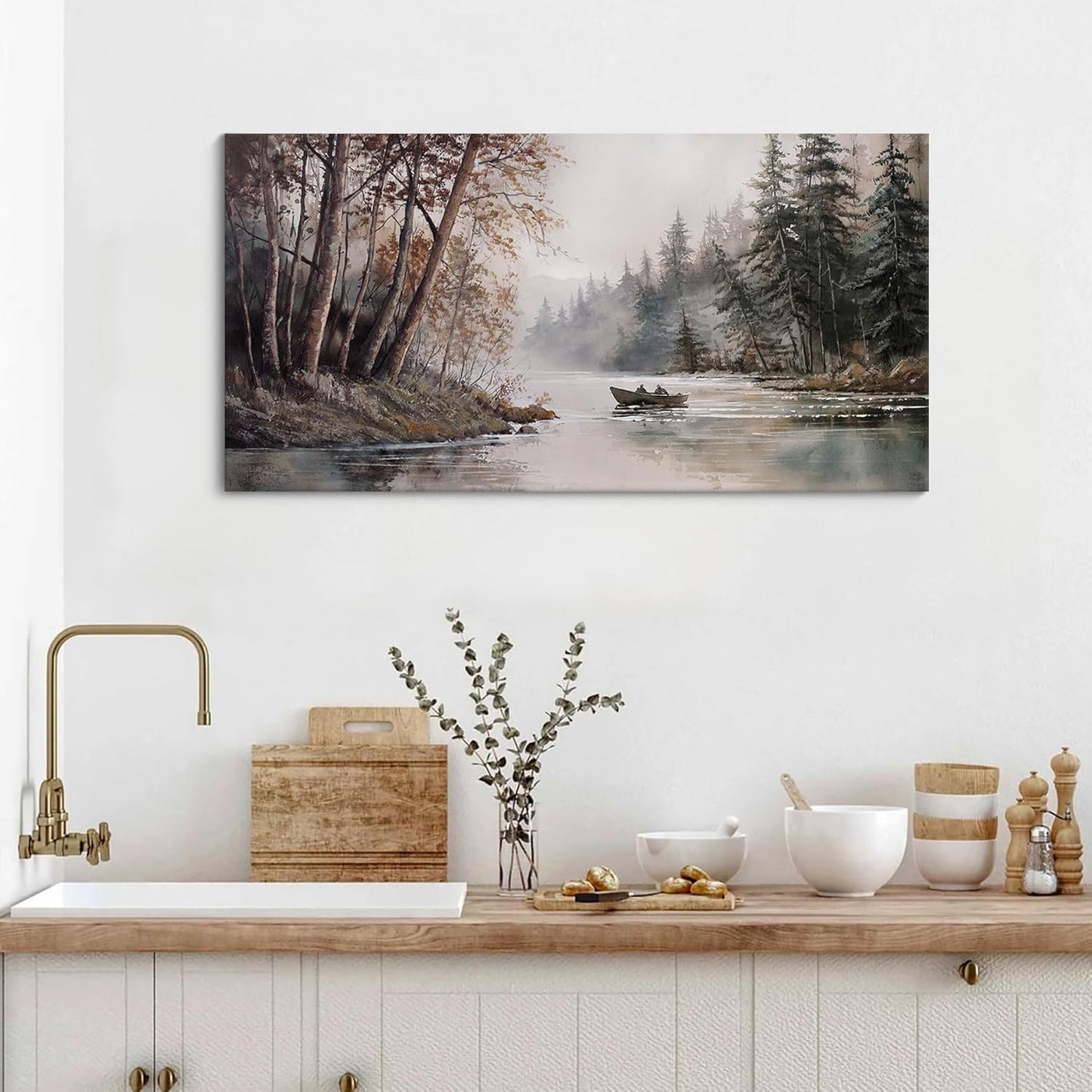 HGUAOA Mountain Canvas Wall Art Rustic Lake Landscape - Nature & Forest Scenery Paintings Pictures for Living Room & Bedroom Wall Decor Vintage Artwork for Walls