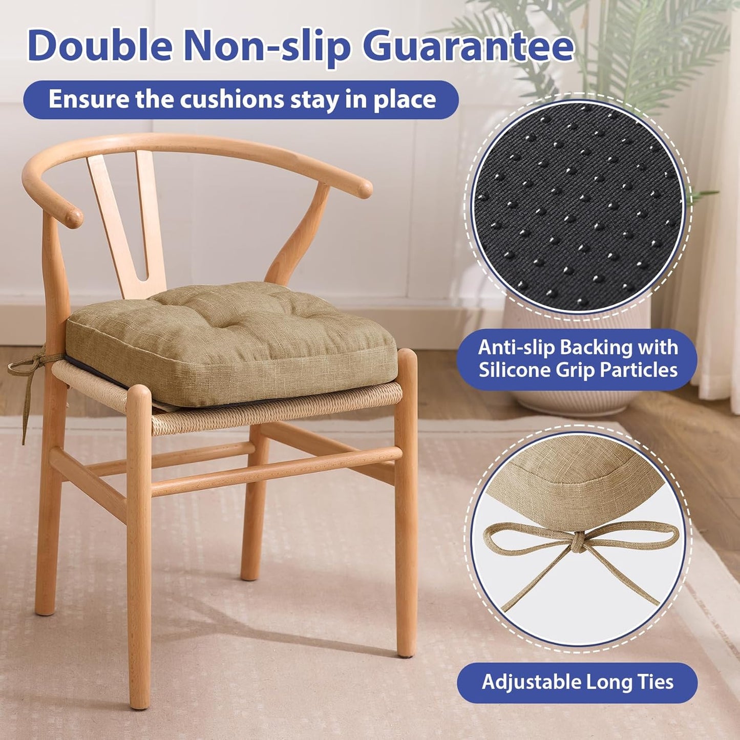 Chair Cushions for Dining Chairs, Dining Chair Cushions, Tufted Indoor Chair Pads with Ties & Non Slip Backing, Seat Cushions for Kitchen Chairs 16.5” x 16.5” x 3.5”, Set of 6, Khaki
