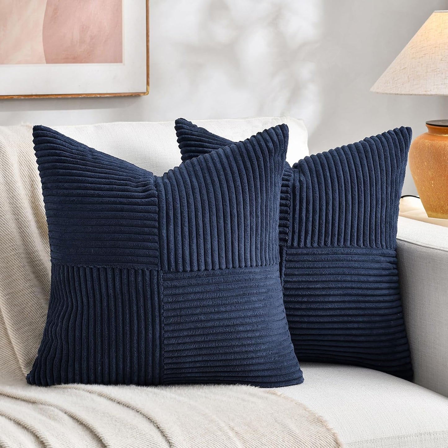 Fancy Homi 2 Packs Navy Blue Euro Decorative Throw Pillow Covers 26x26 Inch for Living Room Couch Bed, Farmhouse Boho Home Decor, Soft Corss Corduroy Patchwork Textured Square Cushion Case 66x66 cm