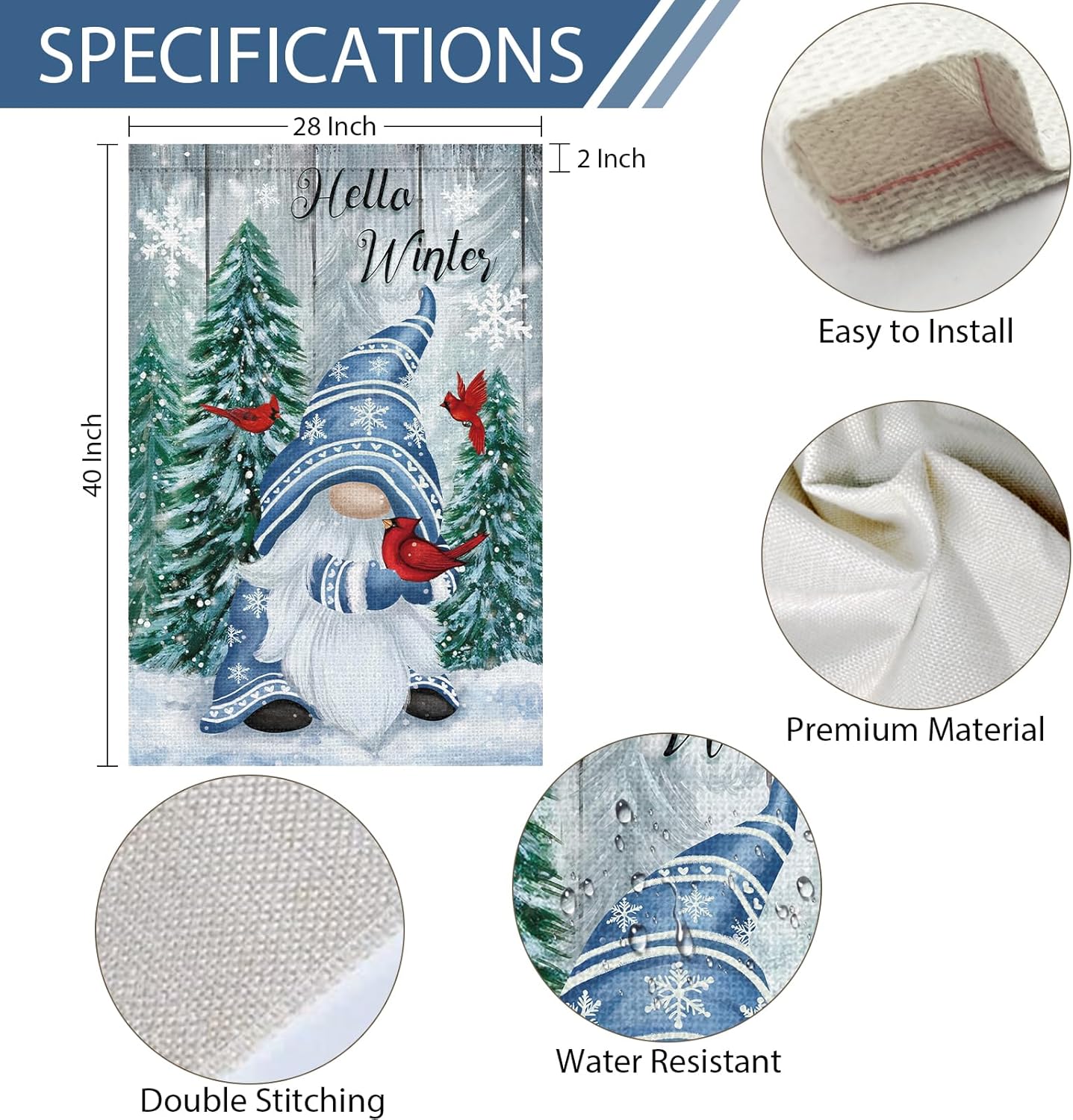 Heyfibro Hello Winter Gnome Garden Flag 28x40 Double Sided Burlap Cardinals Snowflakes Snow Yard Banner for Christmas Seasonal Outside Outdoor House Decoration (ONLY FLAG)