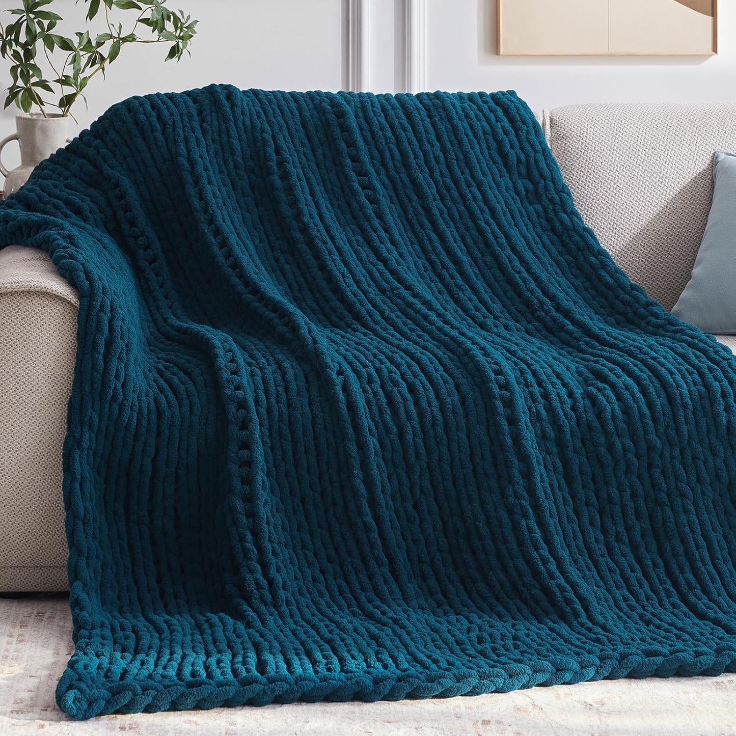 Chunky Knit Throw Blanket, 60''*80'' Knitted Throw Chenille Yarn for Bed Couch, Handmade Peacock Blue Crochet Big Thick Blanket, Machine Washable Cute Comfy Blanket for Home Decor