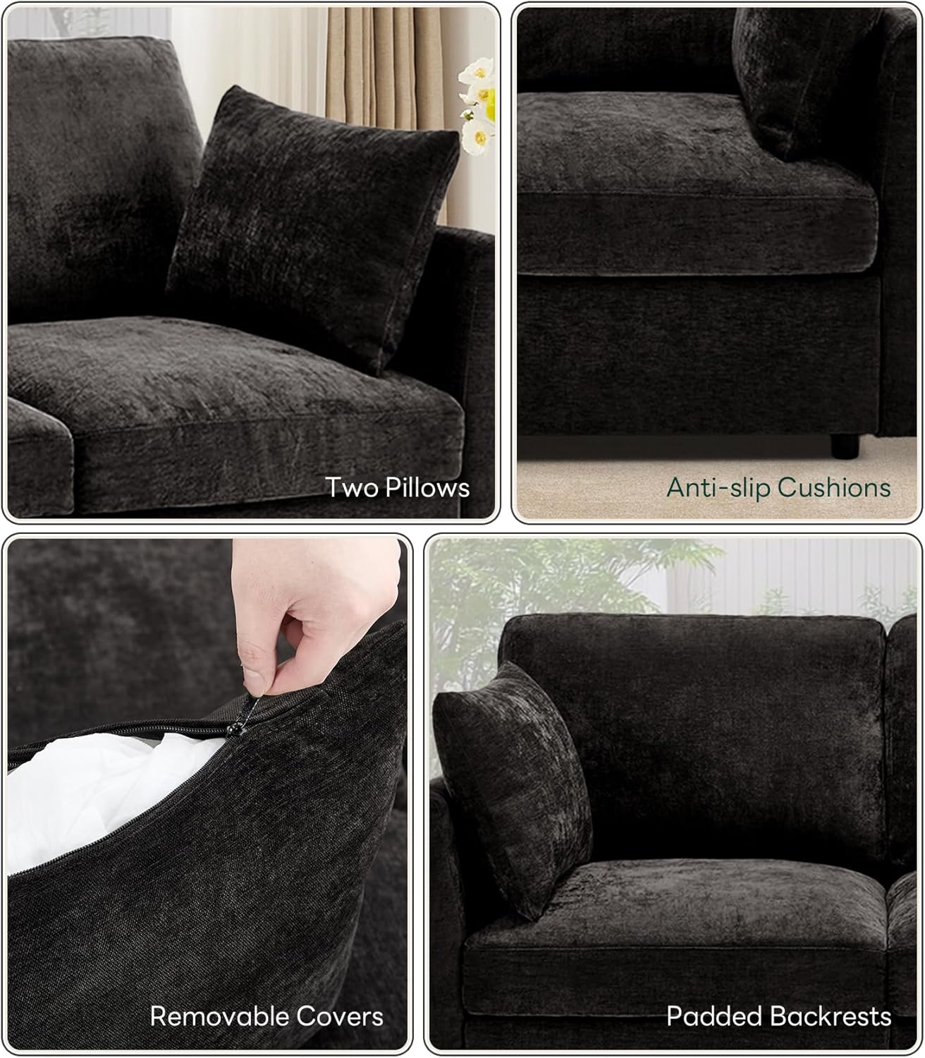 Tbfit L Shaped Couch 8 Seat, Sectional Sofa for Living Room,Chenille Cloud Couch with Ottoman, Black