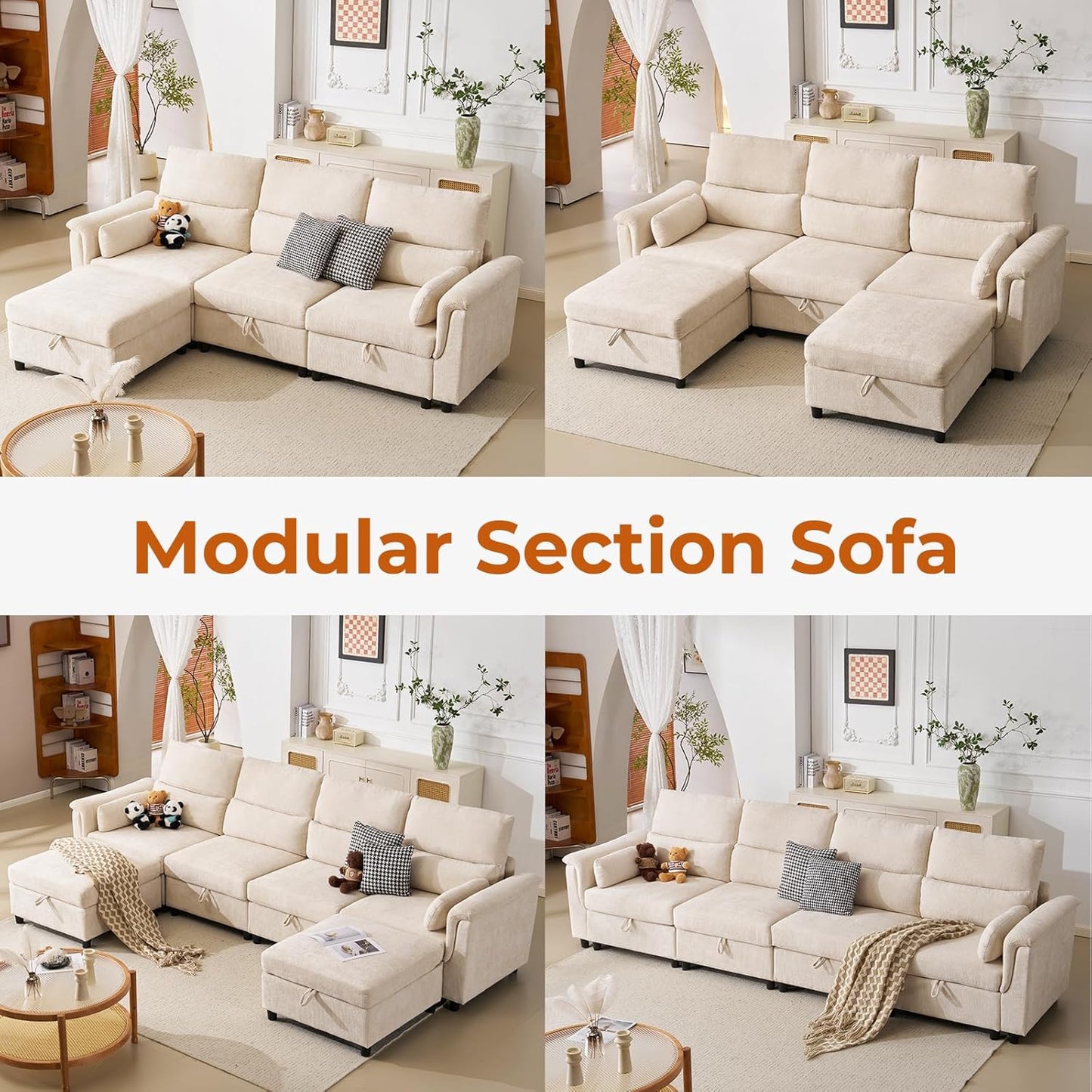 132'' Oversized Modular Sectional Sofa, L Shaped Comfy Cloud Sectional Couch with Storage, 5 Seat Extra Deep Seat Modular Sofas with Throw Pillows for Living Room, Beige