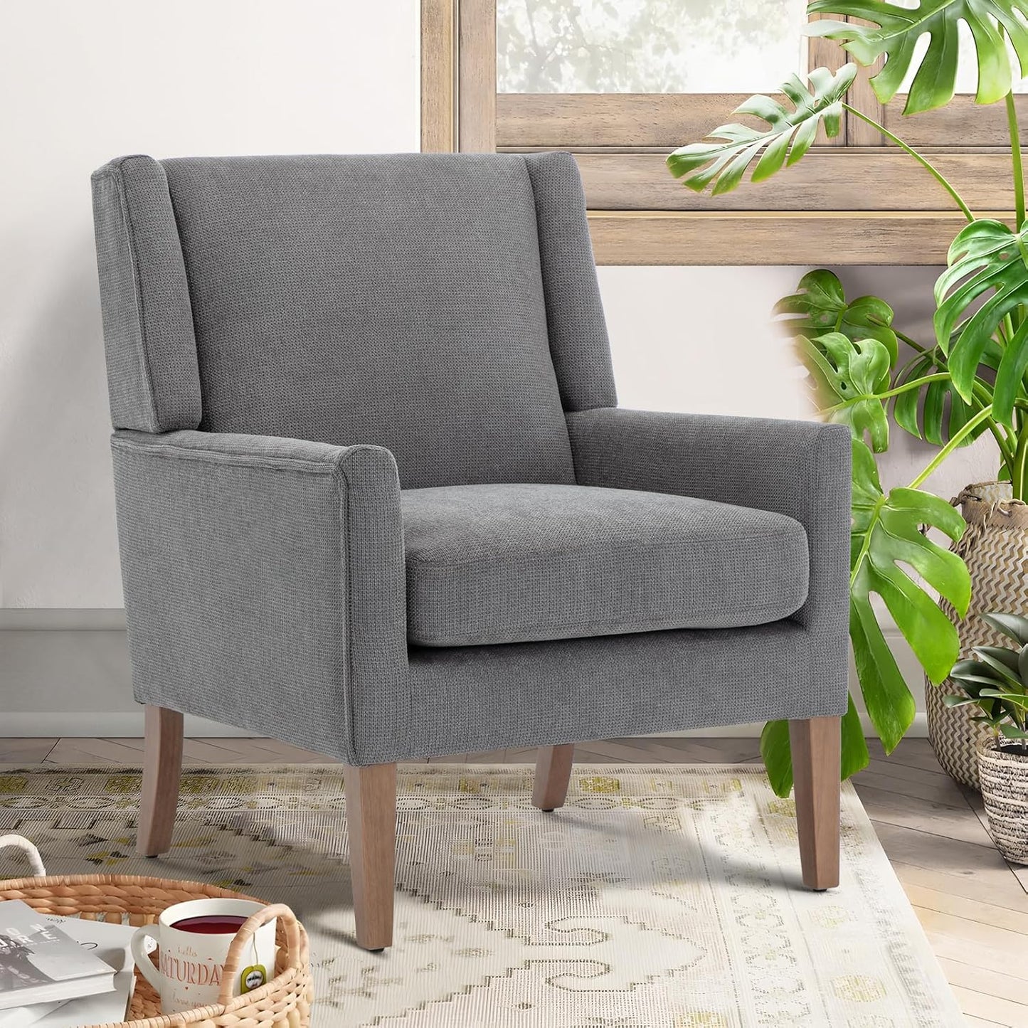 COLAMY Modern Wingback Living Room Chair, Upholstered Fabric Accent Armchair, Single Sofa Chair with Lounge Seat and Wood Legs for Bedroom/Office/Reading Spaces, Gery