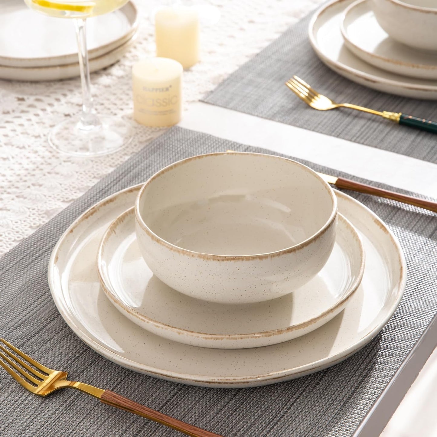 AmorArc Ceramic Dinnerware Sets, Wavy Rim Stoneware Plates and Bowls Sets, Highly Chip and Crack Resistant | Dishwasher & Microwave Dishes set, Service for 4 (12pc)-Speckled Cappuccino