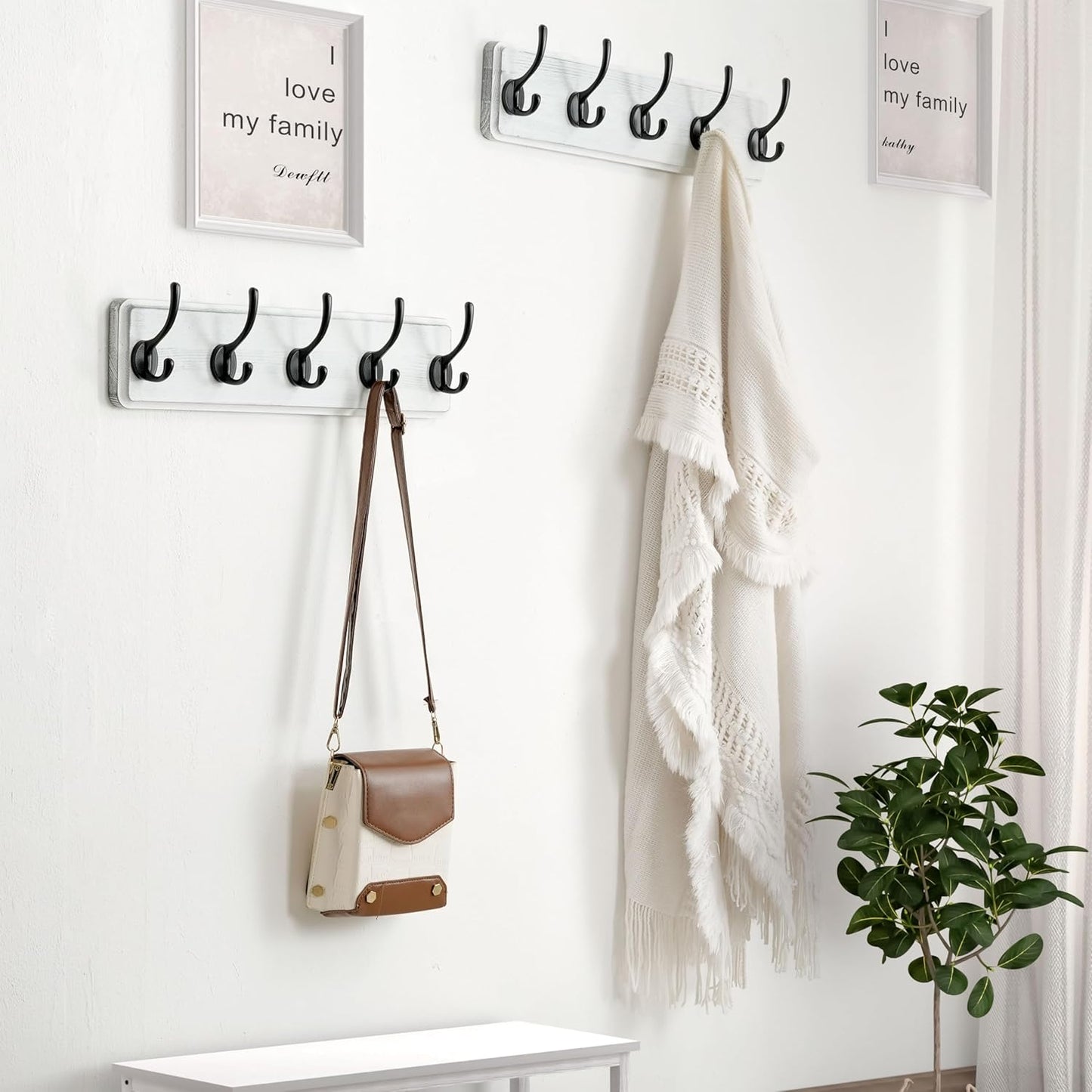 Dseap Coat Rack Wall: Patented, Heavy-duty, 17.4" Long 5-double-hooks Wooden Wall Mounted Coat Rack Coat Hanger Hook Rail for Winter Coats Hat Jacket Clothing, White & Black