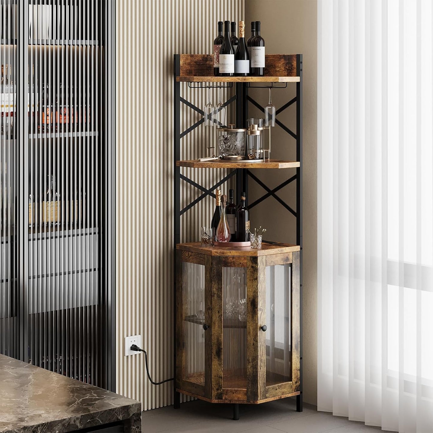 Corner Bar Cabinet with Power Outlet, 5-Tier Corner Wine Cabinet with Led Strip and Glass Holder, Industrial Tall Liquor Cabinet Bar Wine Rack for Home, Rustic Brown