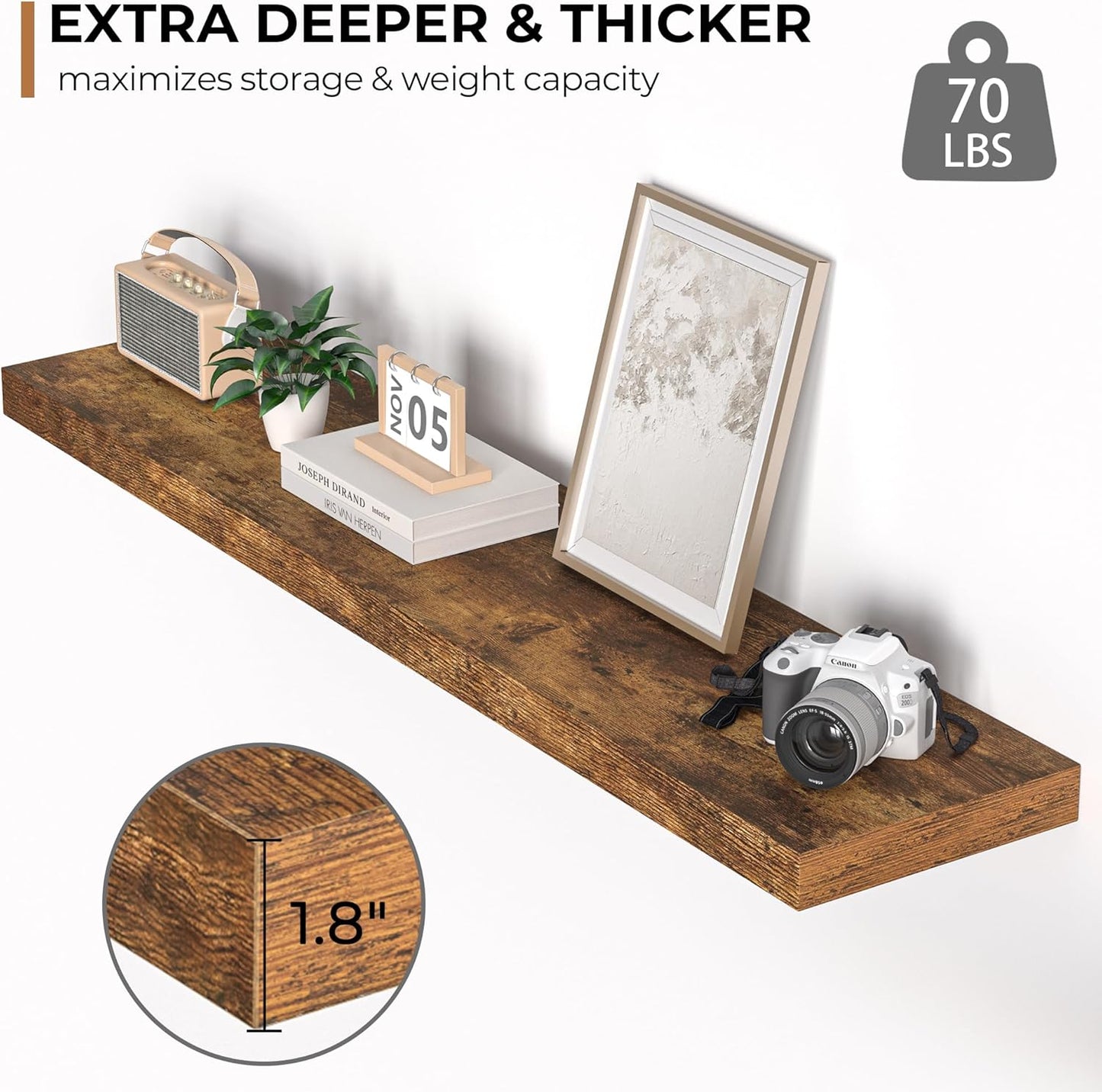 Floating Shelves - 10.23 Inch Deep Wall Shelf for Decor & Storage - Wall Mounted Display Shelving with Invisible Heavy-Duty Metal Bracket - 48" W x 10.23" D x 1.8" H - Set of 1 - Rustic Brown