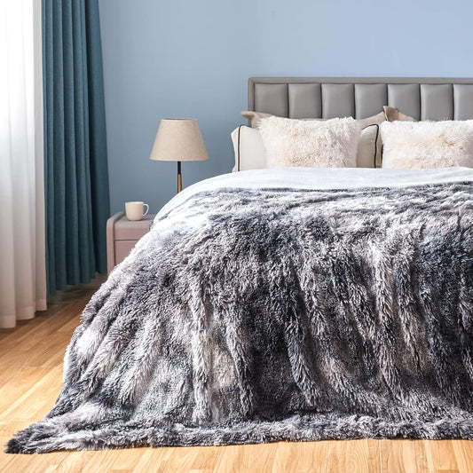 GONAAP Fuzzy Faux Fur Throw Blanket Queen Size Tie-dye Marble Black Super Soft Cozy Plush Fuzzy Shaggy Blanket for Couch Sofa Bed (Tie-dye Marble Black, Queen(90"x90"))