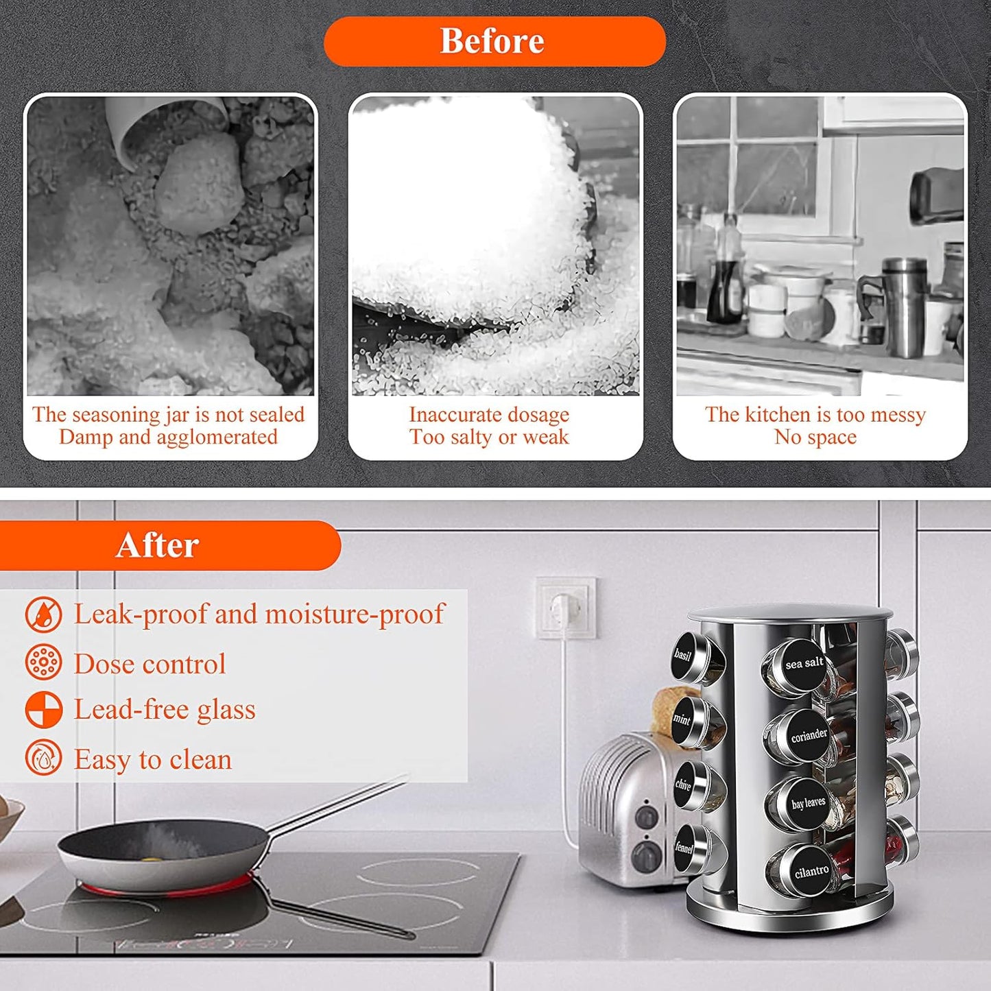 DOUBLE 2 C Revolving Countertop Spice Rack Stainless Steel Seasoning Storage Organization,Spice Carousel Tower for Kitchen Set of 16 Jars (16Jars)