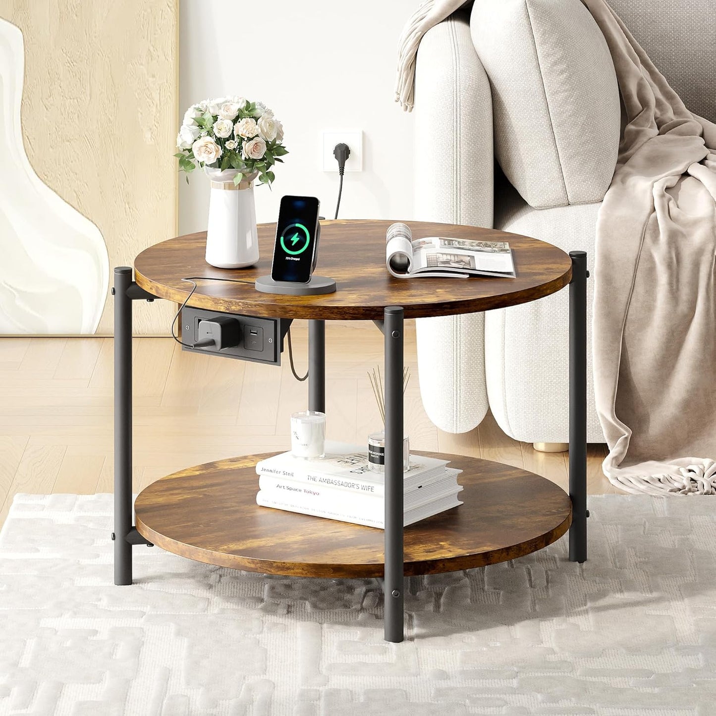 LIKIMIO Side Table, 23.6" W Round End Table with Charging Station, Modern Wooden Nightstand for Small Spaces, Living Room, Bedroom, Rustic Brown