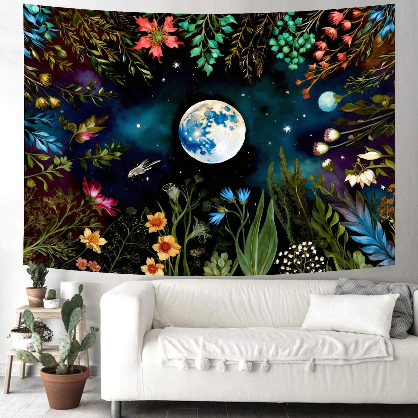Delur Moonlit Garden Tapestry Boho Moon Floral Plant Tapestry Wall Hanging Colorful Flower Botanical Nature Night Landscape Headboard for Bedroom Living Room Home Decor (51.2" x 59.1")