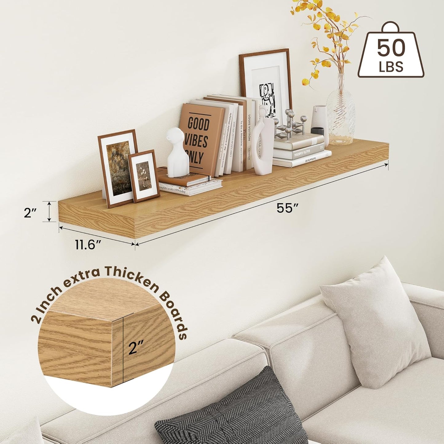 Deep Floating Shelves for Wall - 55 Inch Wide x 12 Inch Deep Wall Shelves Set of 1 - Rustic Oak Color Wood Shelves for Living Room, Bathroom, Laundry Room, Bedroom, Kitchen, Home Office