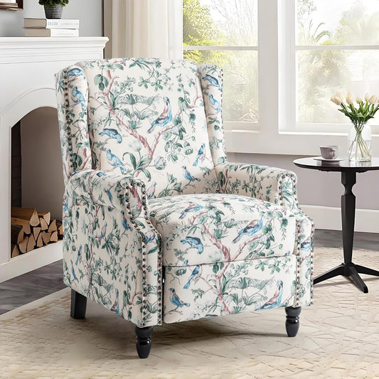 UIXE Floral Pushback Recliner Chair, Fabric Upholstered Armchair Push Back Accent Chair for Living Room, Rivet Trim Club Chair Home Theater Single Sofa Reading Seat - Bird