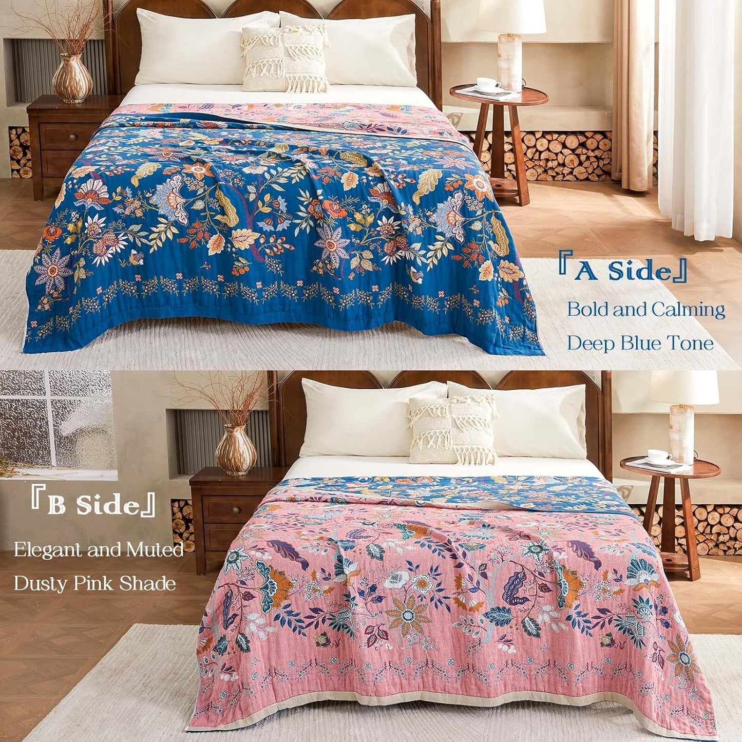 Fall Throw Blanket for Couch, Blue Boho Decorative Throw Blanket, 100% Cotton Muslin Breathable Woven Farmhouse Blankets Quilt, 60"x80" Reversible Lightweight Blankets Bohemian Throw Quilt