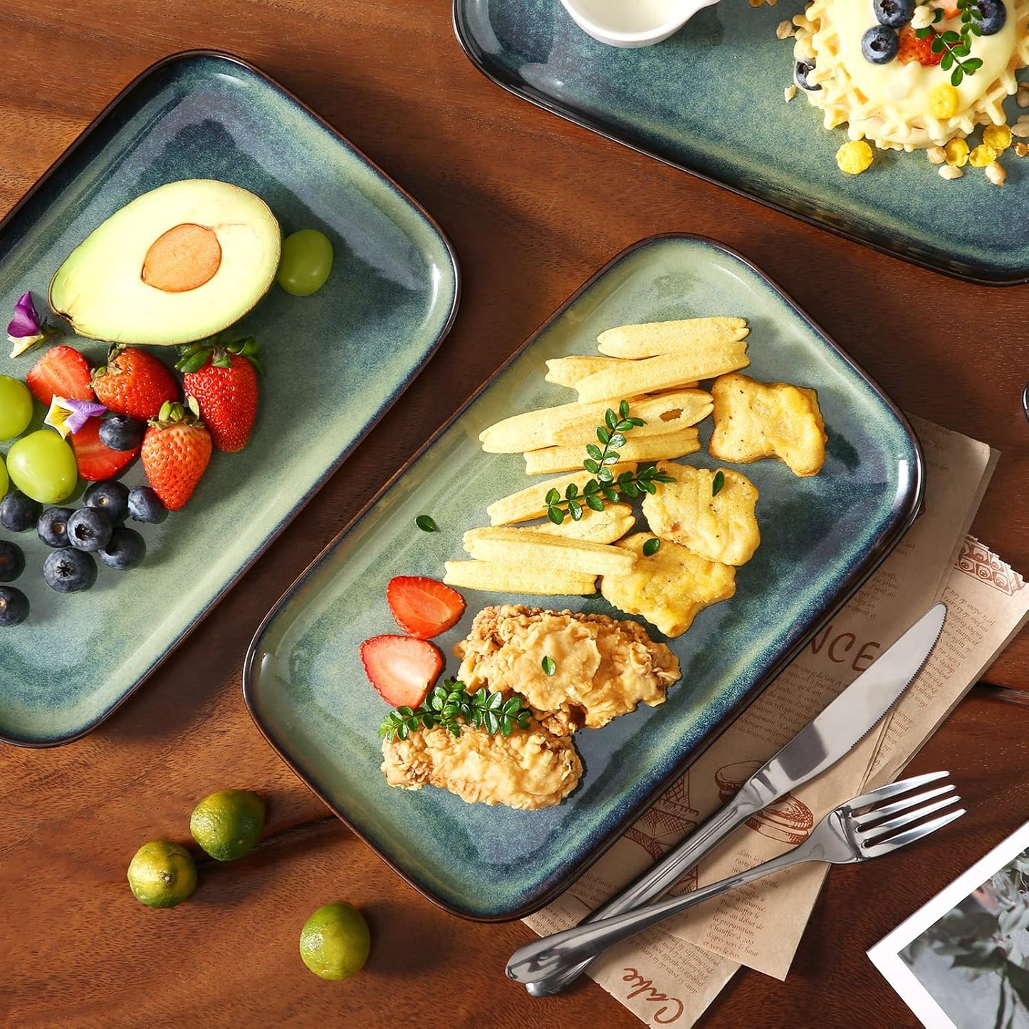 vancasso Stern Serving Platters Set of 4, 11 Inches Rectangular Ceramic Serving Plates, Green Serving Trays for Entertaining