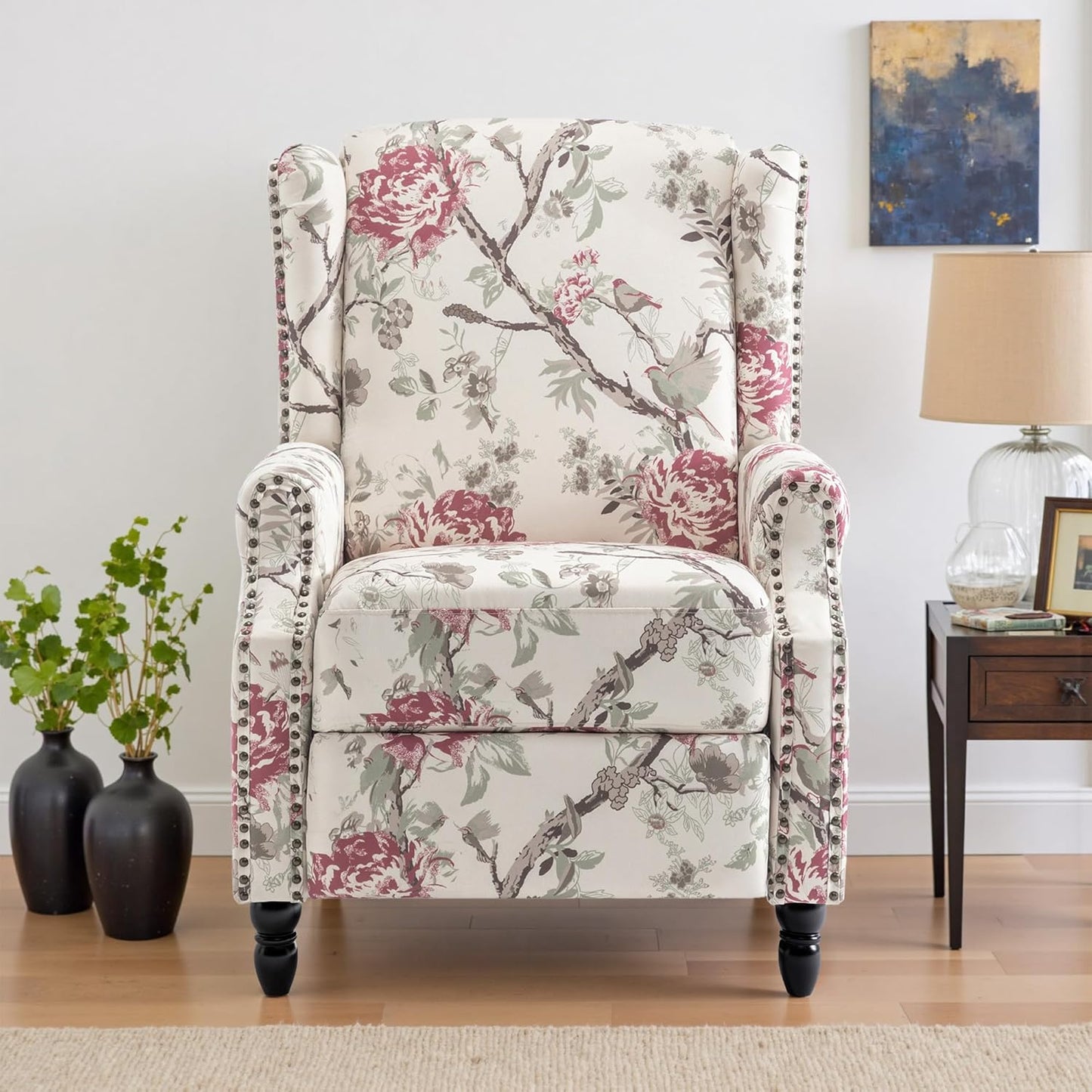 UIXE Pushback Recliner Chair, Fabric Upholstered Armchair Push Back Accent Chair for Living Room, Rivet Trim Home Theater Single Sofa Bedroom Reading Seat with Footrest - Beige Floral