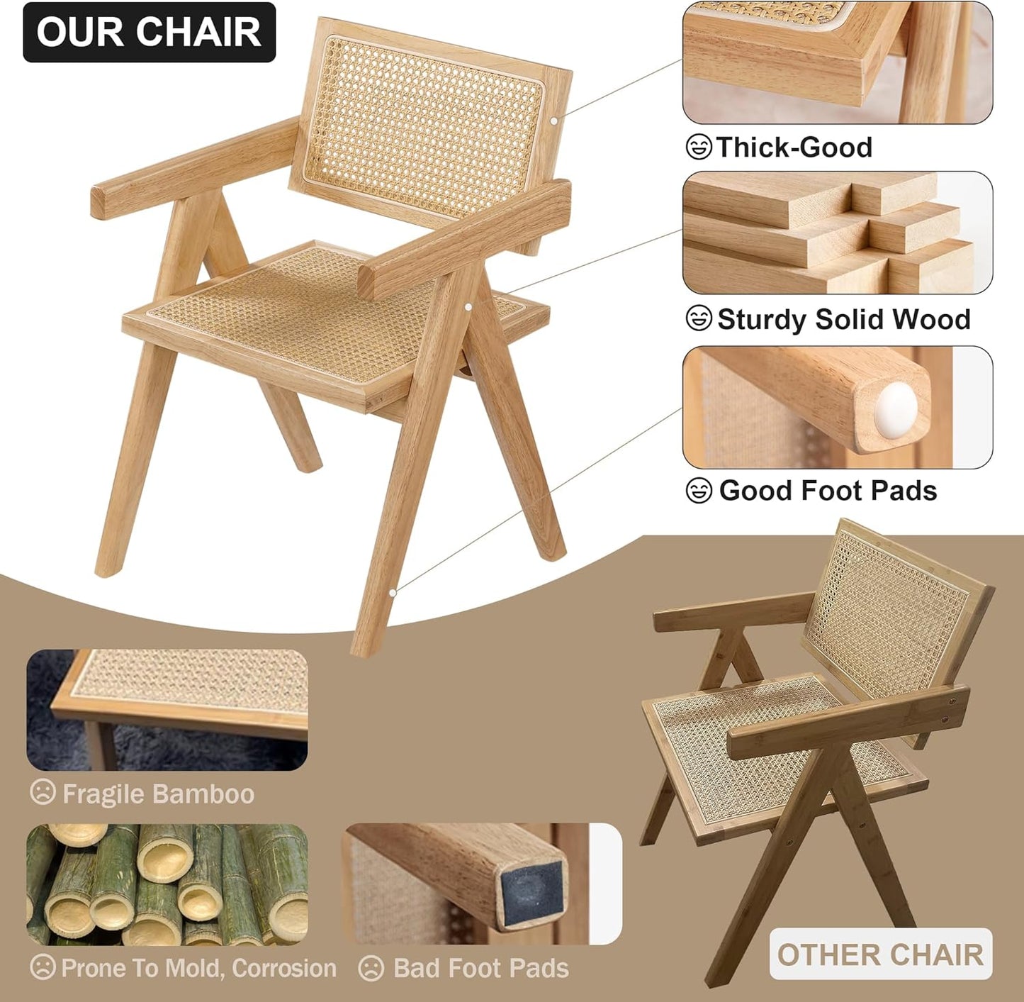 Cane Dining Room Chairs Set of 6, Modern Wood Kitchen Chairs with Arms, Light Malnut