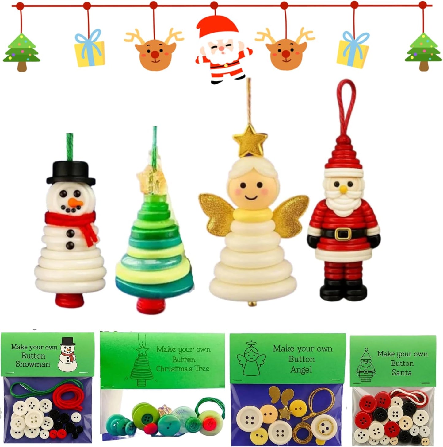 DIY Christmas Button Ornament Making Set–Fun Holiday Handmade Decorations for All Ages,DIY Craft Buttons Kit with Christmas Snowman/Santa/Angel,Xmas Tree Hanging Decorations (#A)