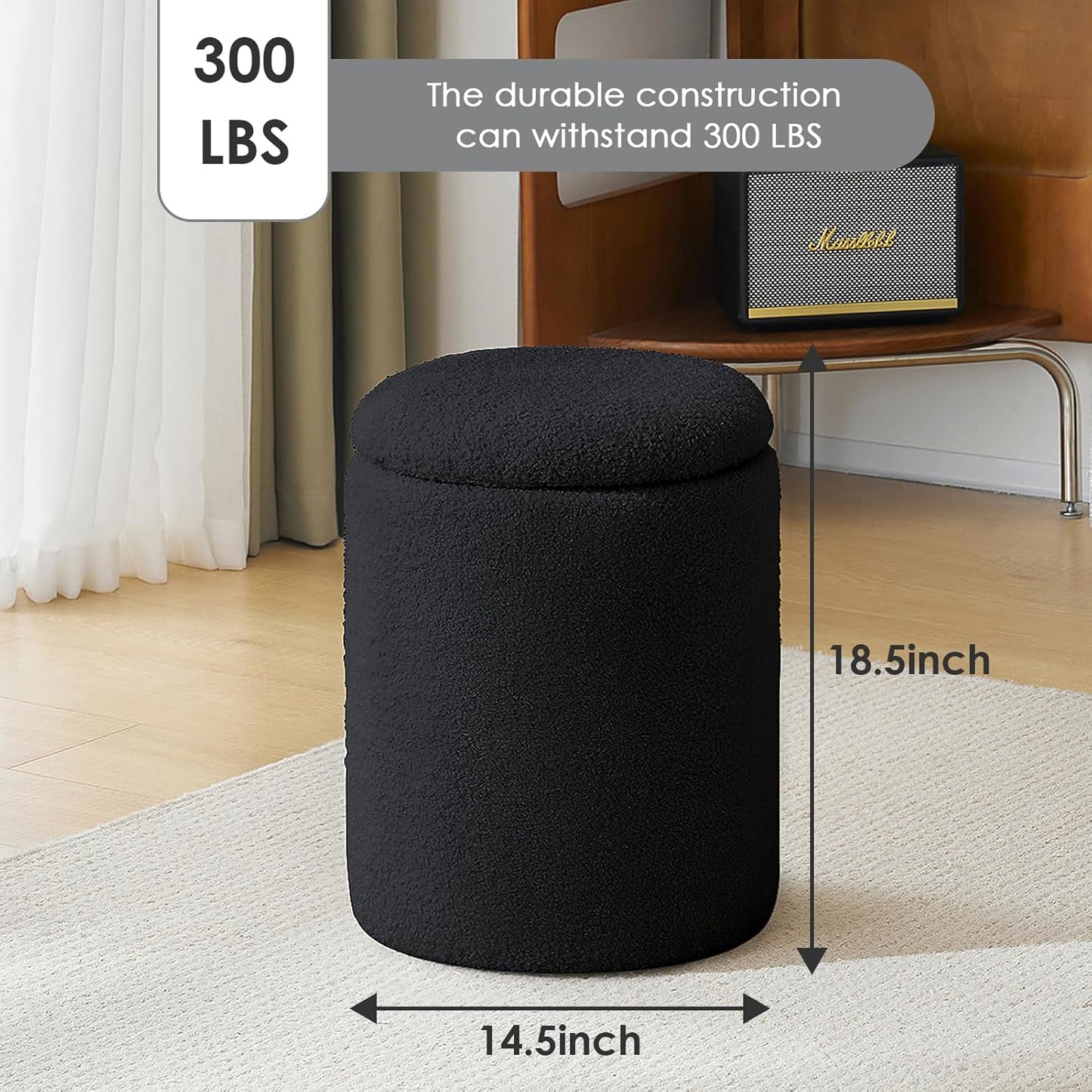 YFO Round Boucle Ottoman with Storage, Multifunctional Upholstered Vanity Chairs for Makeup, Soft Padded Seat with Removable Lid, Modern Rest Stool Seat for Living Room, Bedroom, Black