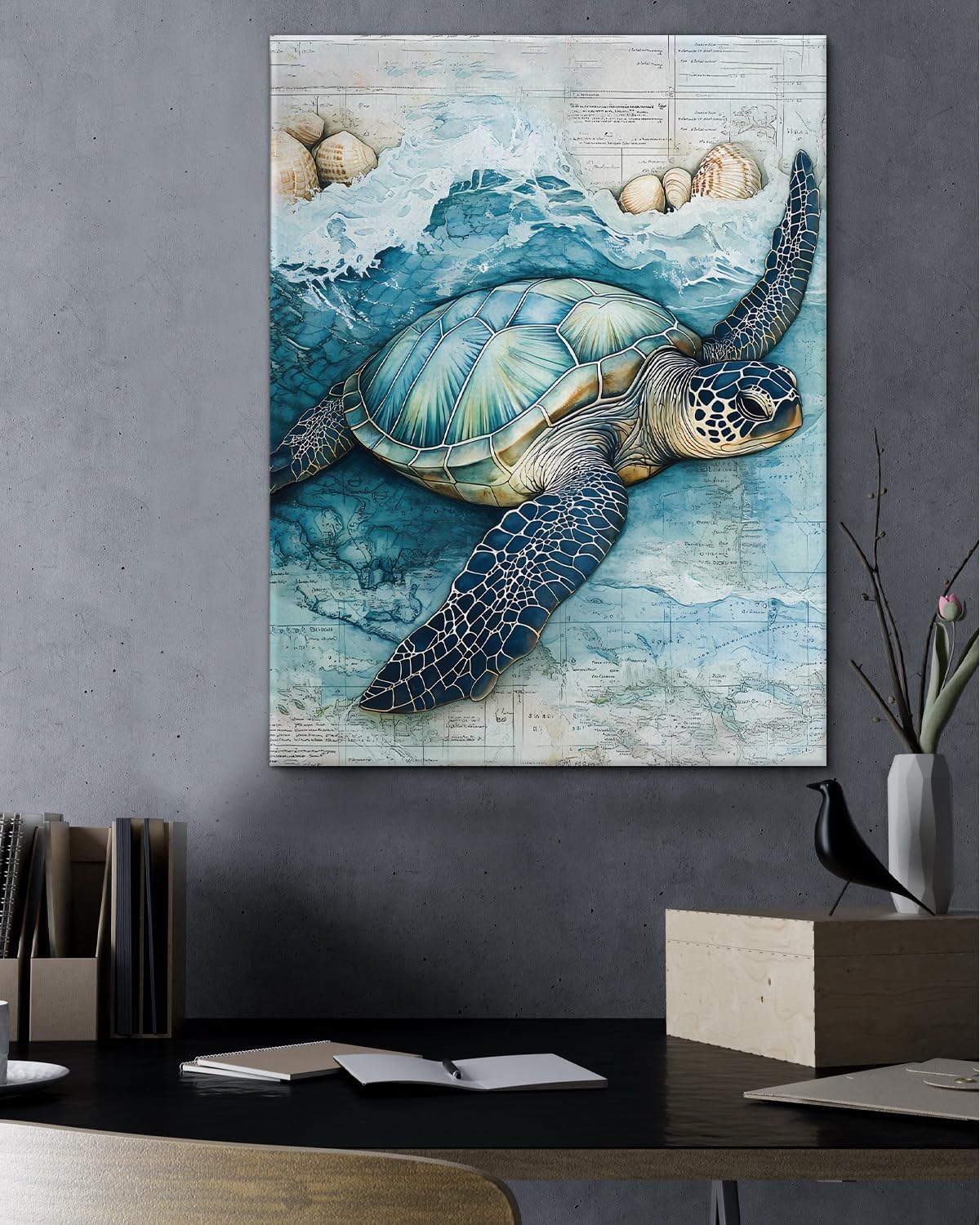 Coastal Sea Turtle Canvas Wall Art Turtle Nautical Ocean Theme Print Poster Framed Picture Painting for Home Beach House Bedroom Wall Decor 11x15 Inch