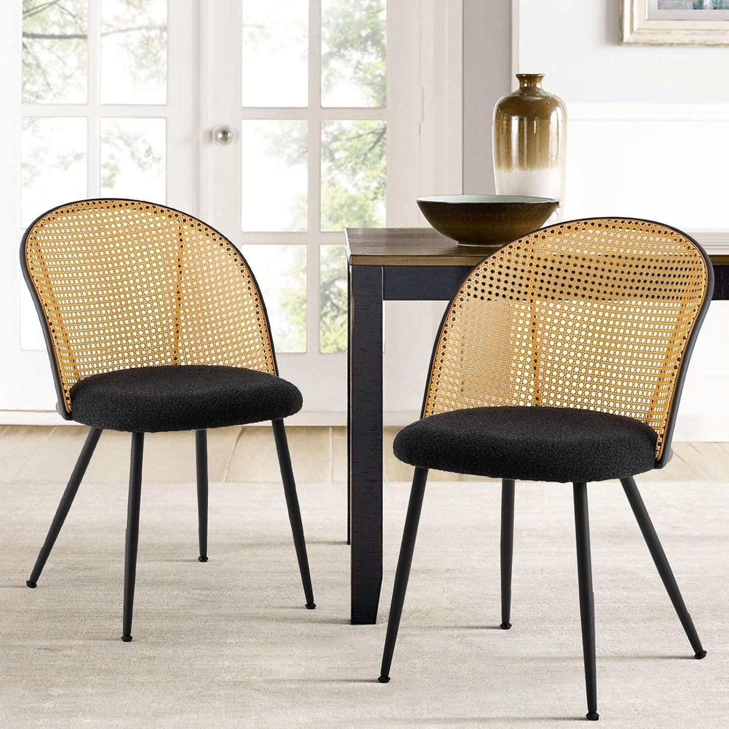 Rattan Dining Chairs Set of 2, Mid-Century Modern Kitchen Dining Room Chairs with Full Cane Backrest Armless Upholstered Farmhouse Boucle Dining Chairs with Metal Leqs for Dining Room, Black