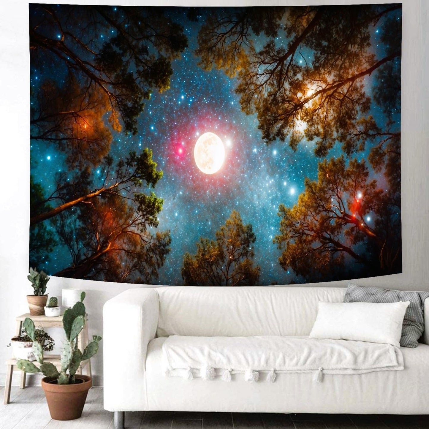 Delur Forest Tapestry Galaxy Moon Stars Night Space Starry Sky Wall Hanging Tapestry Aesthetic Tree Nature Landscape Psychedelic Headboard for Bedroom Living Room Home Decor (59.1" x 78.7")