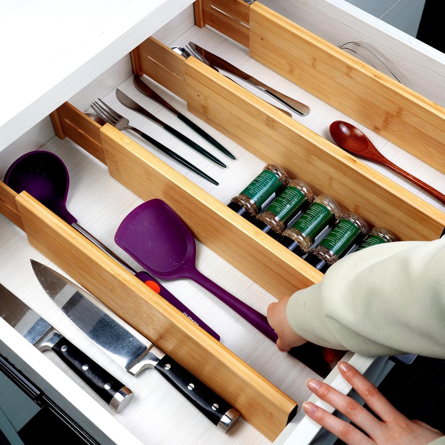 Utoplike Bamboo Drawer Dividers Large(Fits 18.6"-20.6" Drawer Inner Size, Height > 4.05"), Adjustable Kitchen Drawer Organizers for Clothing, Spring Loaded, 4 pcs