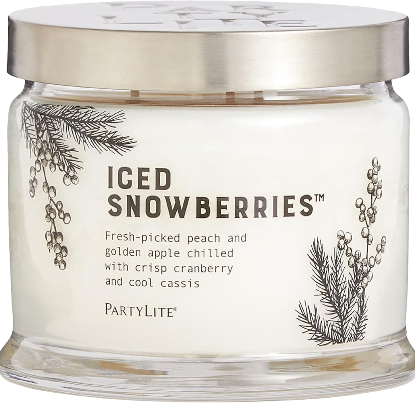 PartyLite Iced Snowberries Scented, Notes of Apple, Cassis, Cranberry, Peach, Strawberry, Berry, Vanilla & Musk,13.2oz 3-Wick Jar Candle, 45 Hour Burn Time, Luxurious Fragrance, Perfect for Gifting