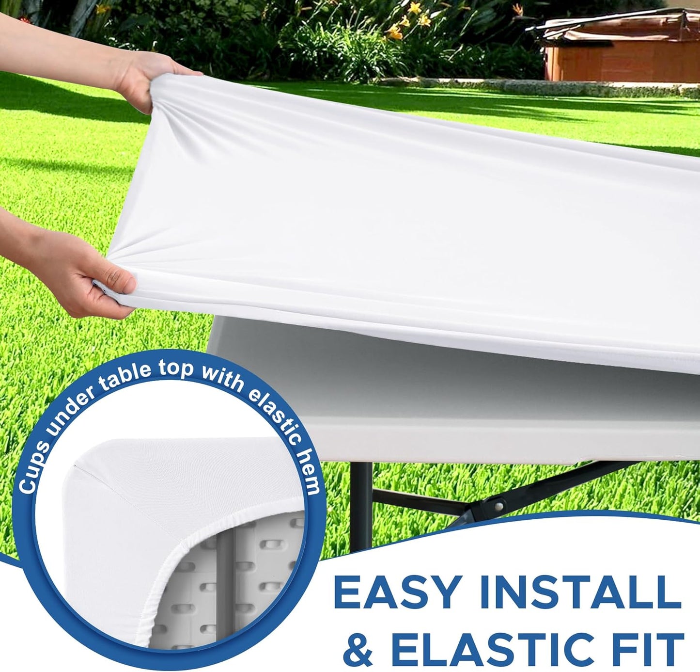 Fitted Tablecloth for 6 Foot Rectangle Tables-4 Pack White Elastic Outdoor Picnic Table Cover-Spandex Stretch Folding Table Cloths 6 ft for Camping Dining Room Patio Kitchen Banquet Party