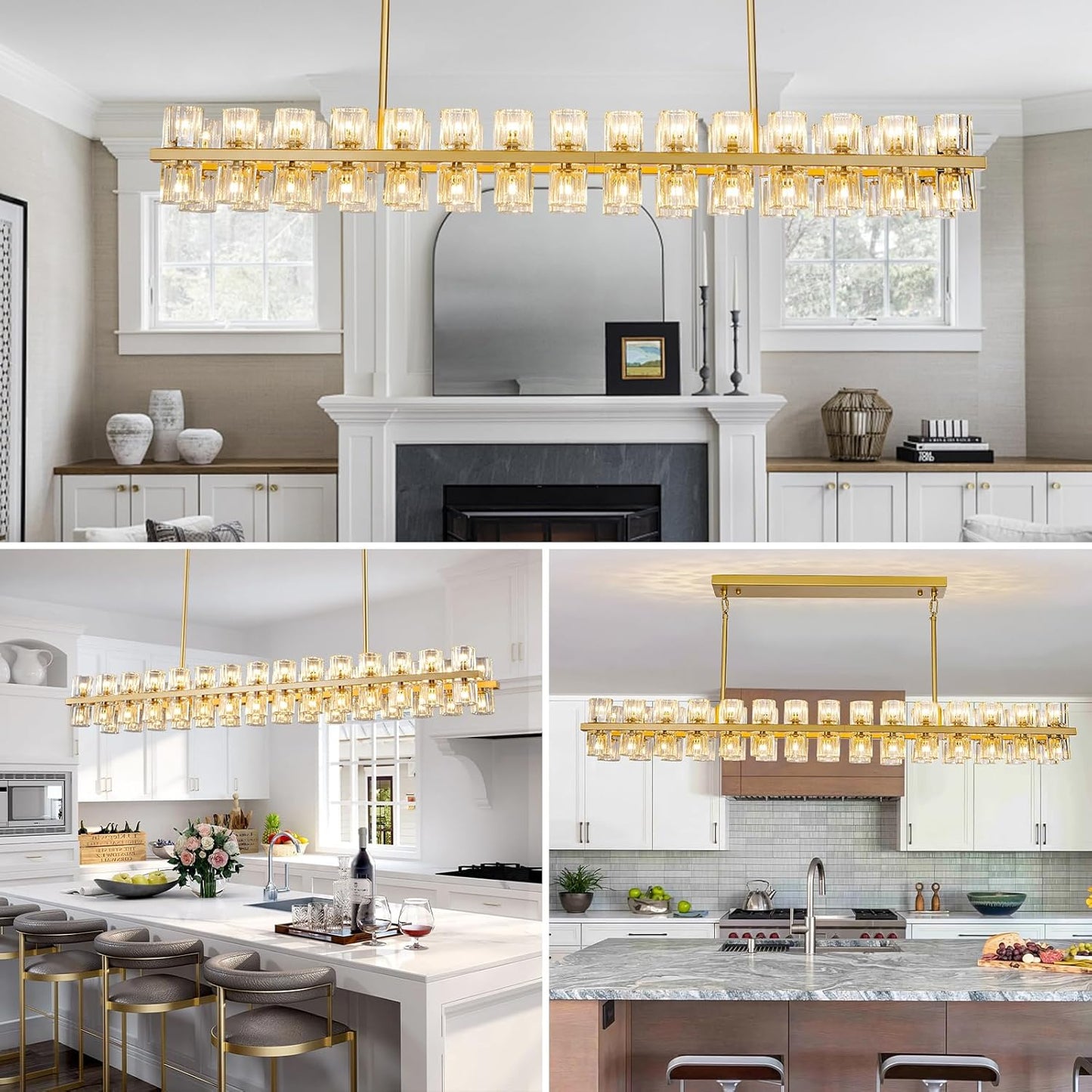 Crystal Brass Rectangle Chandeliers for Dining Room, 54in Gold Farmhouse Chandeliers for Dining Room, Modern Rectangle Crystal Chandelier for Kitchen Island Living Room, Includes 60XG4 Bulbs