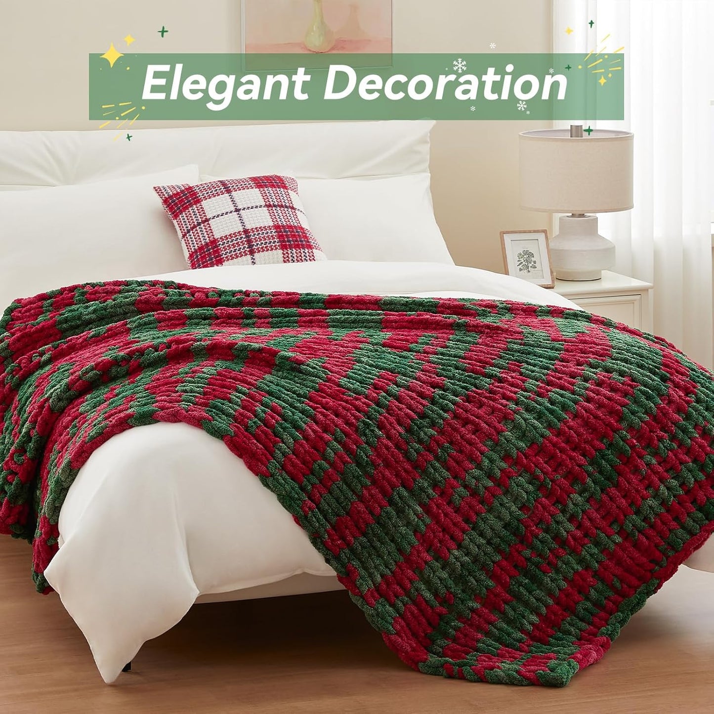 Chunky Knit Throw Blanket, 60''*80'' Knitted Throw Chenille Yarn for Bed Couch, Handmade Stripe Crochet Big Thick Blanket, Machine Washable Cute Comfy Blanket for Home Decor