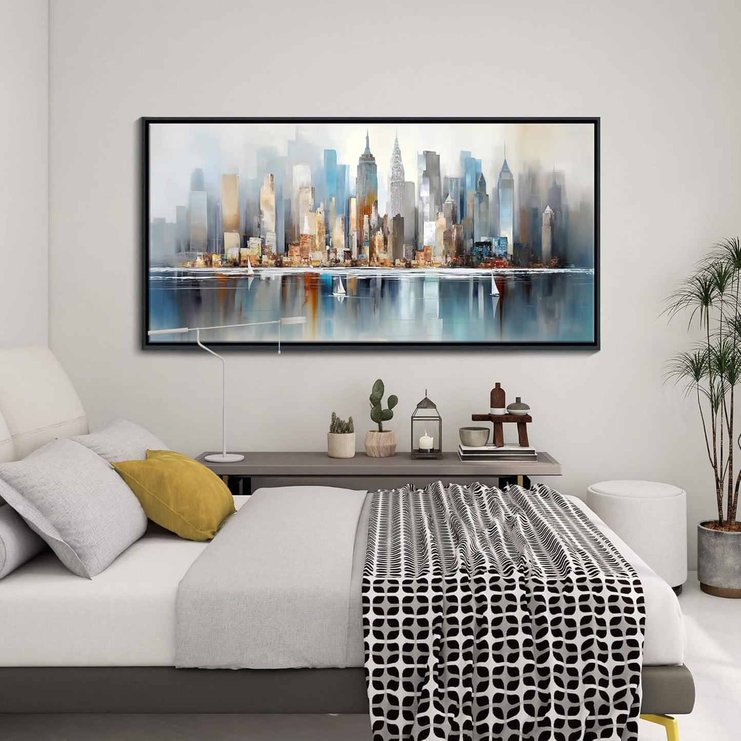 DUNHUANG ART Modern New York City Skyline Wall Art - Abstract Colorful Manhattan Sky Painting for Home & Office Decor - Large Framed Cityscape Picture 24"x48"