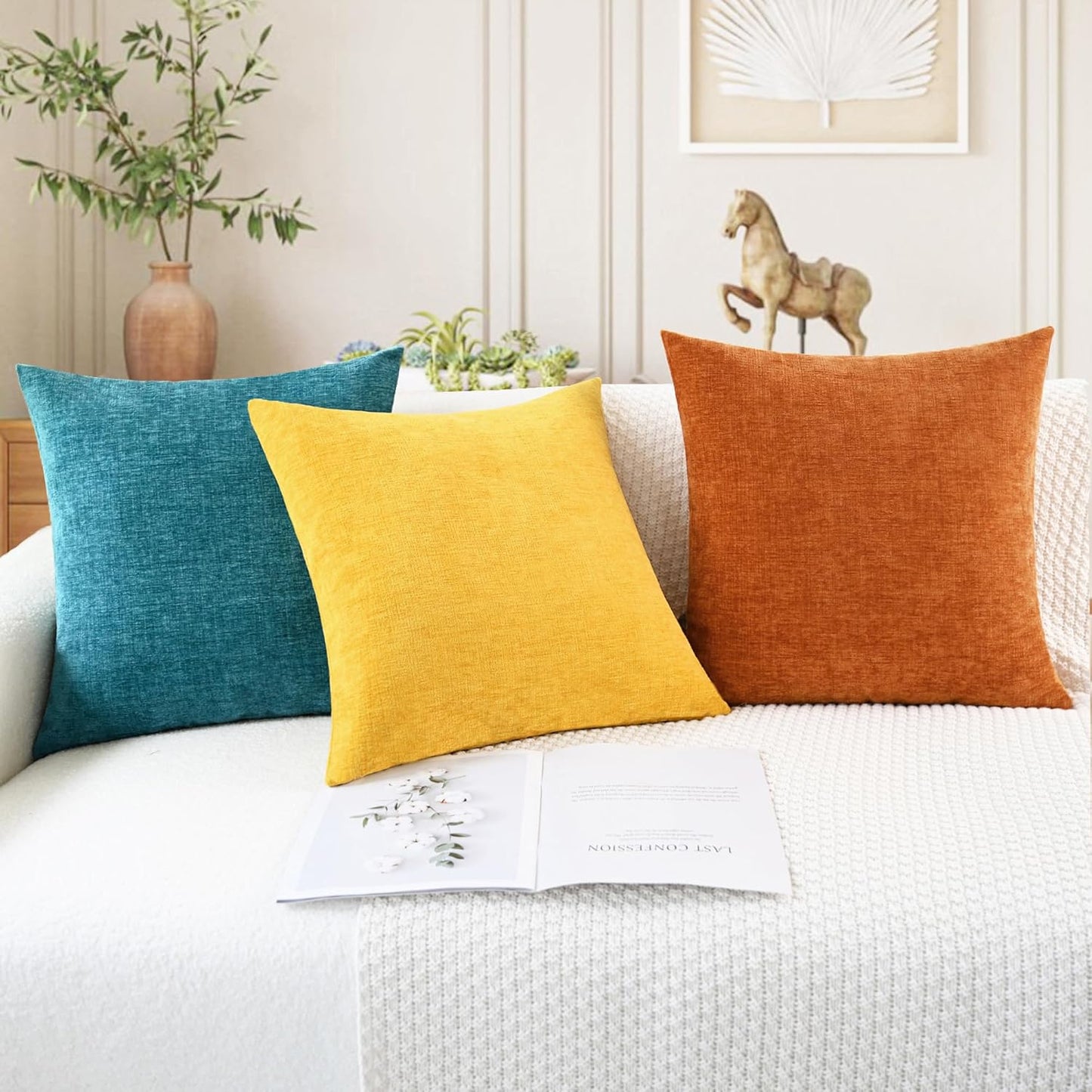 CaliTime Throw Pillow Covers Decorative 18 X 18 Inches Pack of 2 Cozy Chenille Cushion Cases for Couch Sofa Bed Living Room Home Mustard Yellow