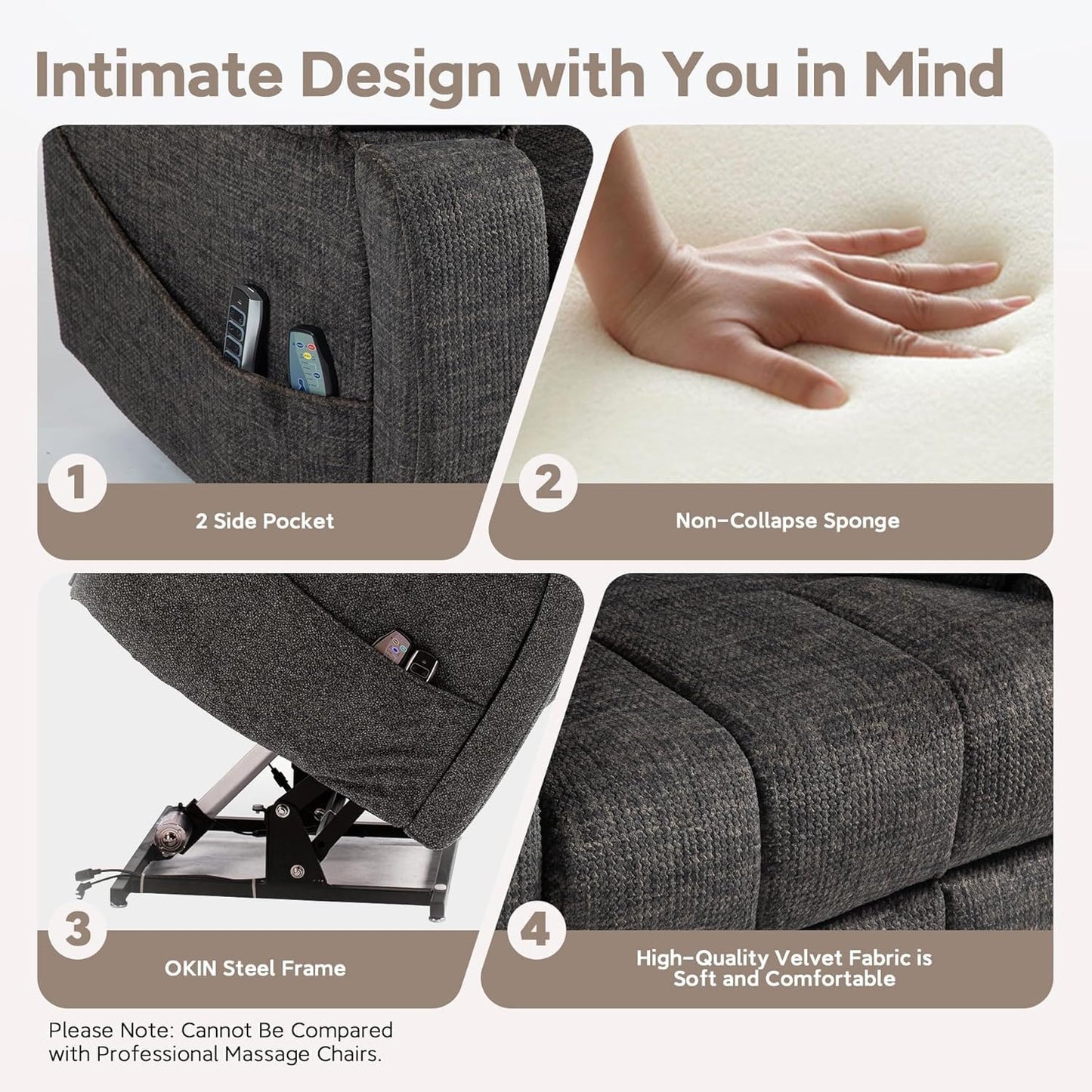 Lazy Boy Recliner Chair with Heated and Massage, 4 Motor Headrest, Lumbar Independent Adjustment Power Lift Recliner with Hidden Cup Holder、Side Pocket、Back Pillow