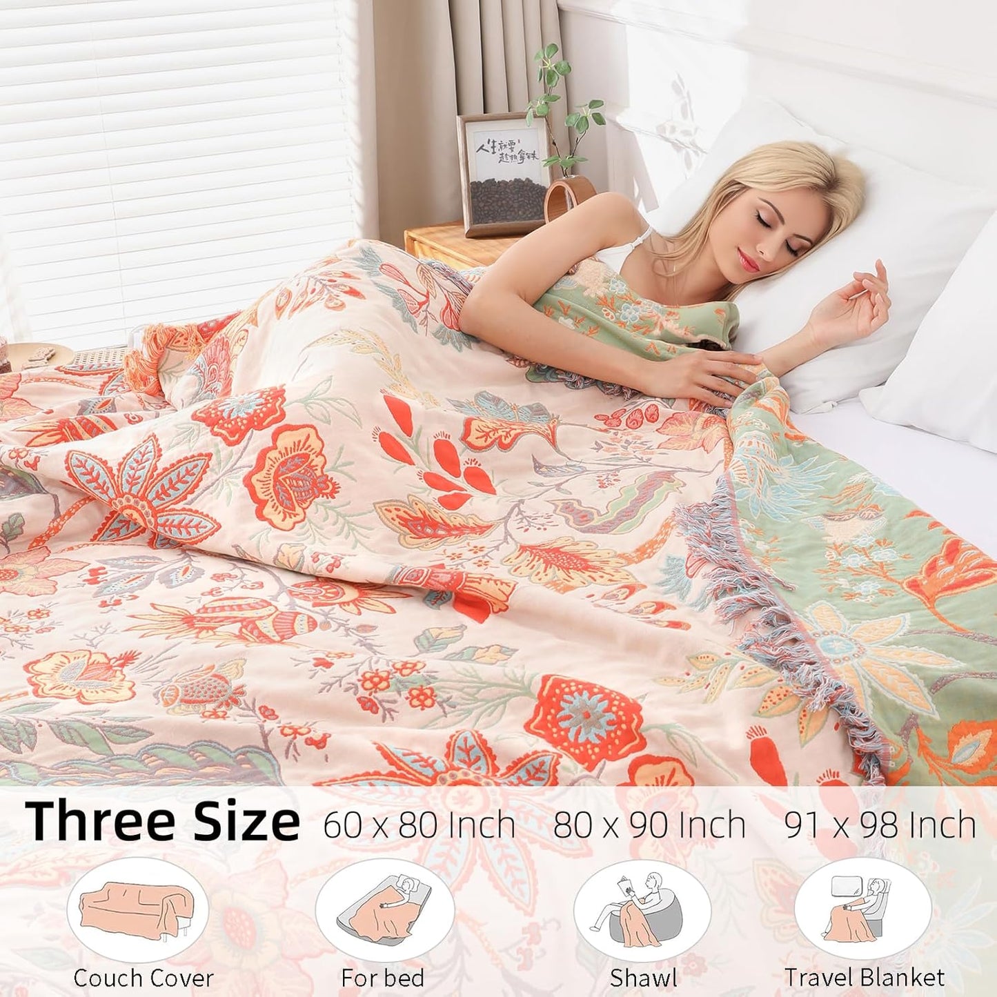 Boho Throw Blanket for Bed - 100% Pure Cotton Ultra Soft Rustic Quilt - Farmhouse Decor Bed Blankets, All Season Rustic Throw for Sofa Couch Chair(80''x 90'', Floral)