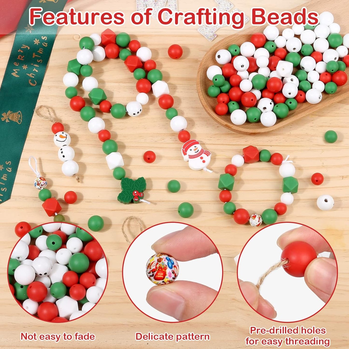 178 PCS Christmas Silicone Beads, Ornament Loose Beads Bulk with Xmas Santa Christmas Tree Silicone Beads Lanyard Snowman Wooden Beads Round Polished Spacer Bead for Decor DIY Jewelry Craft