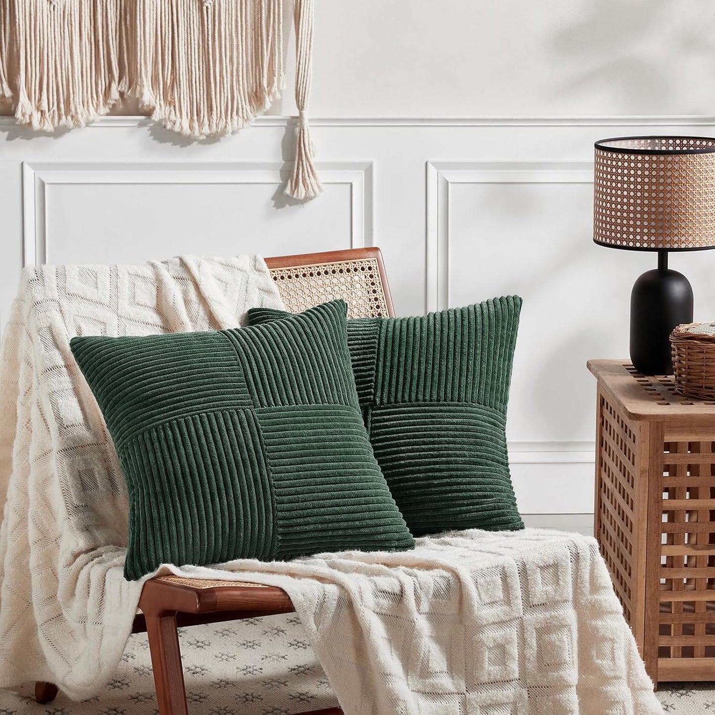 Fancy Homi Set of 2 Dark Green Decorative Throw Pillow Covers 26x26 Inch for Bedroom Couch Bed, Boho Farmhouse Forest Green Home Decor, Soft Corss Corduroy Patchwork Textured Cushion Case 66x66 cm