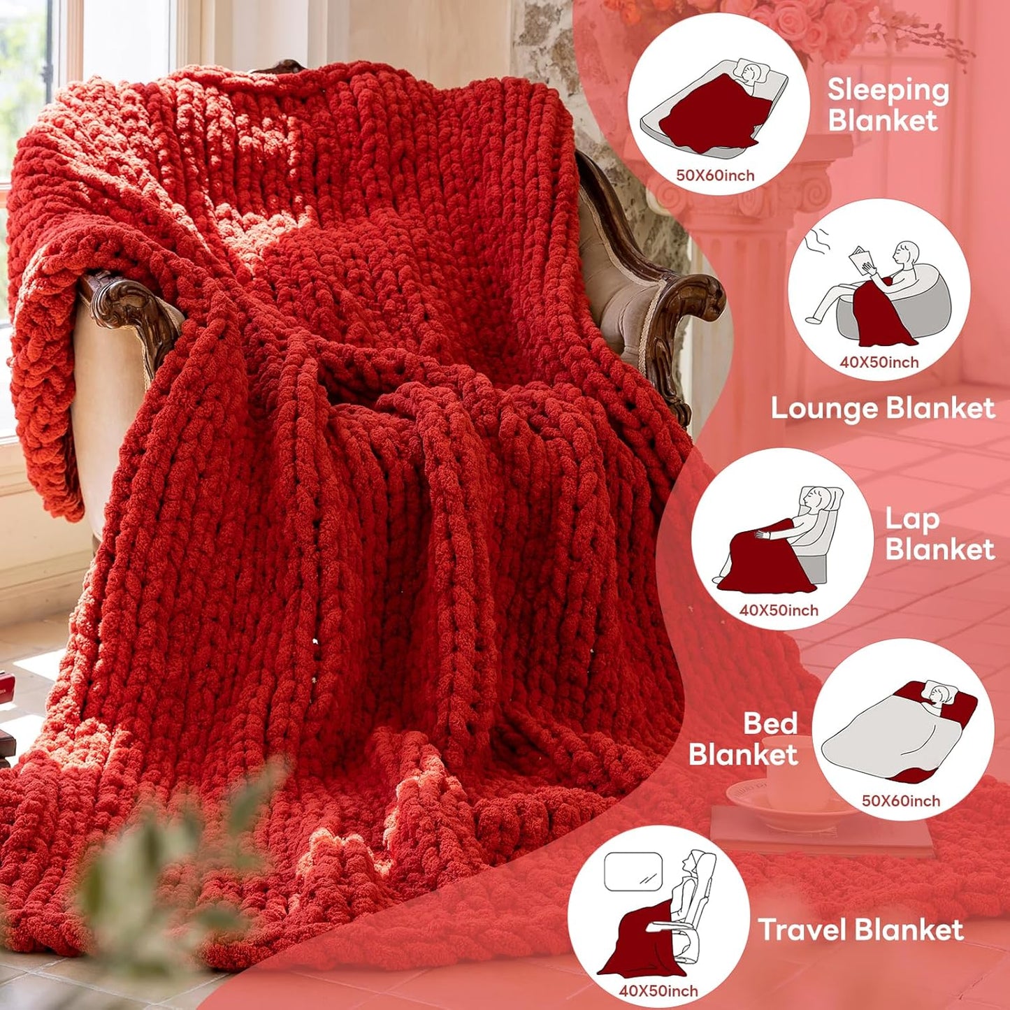Chunky Knit Blanket - Luxury Soft Cozy Queen Size(50 * 60) Throw Blanket,100% Woven Blanket Rope Knot Throw Blanket for Couch, Sofa, Home Decor, Gift - Machine Washable（Wine red）
