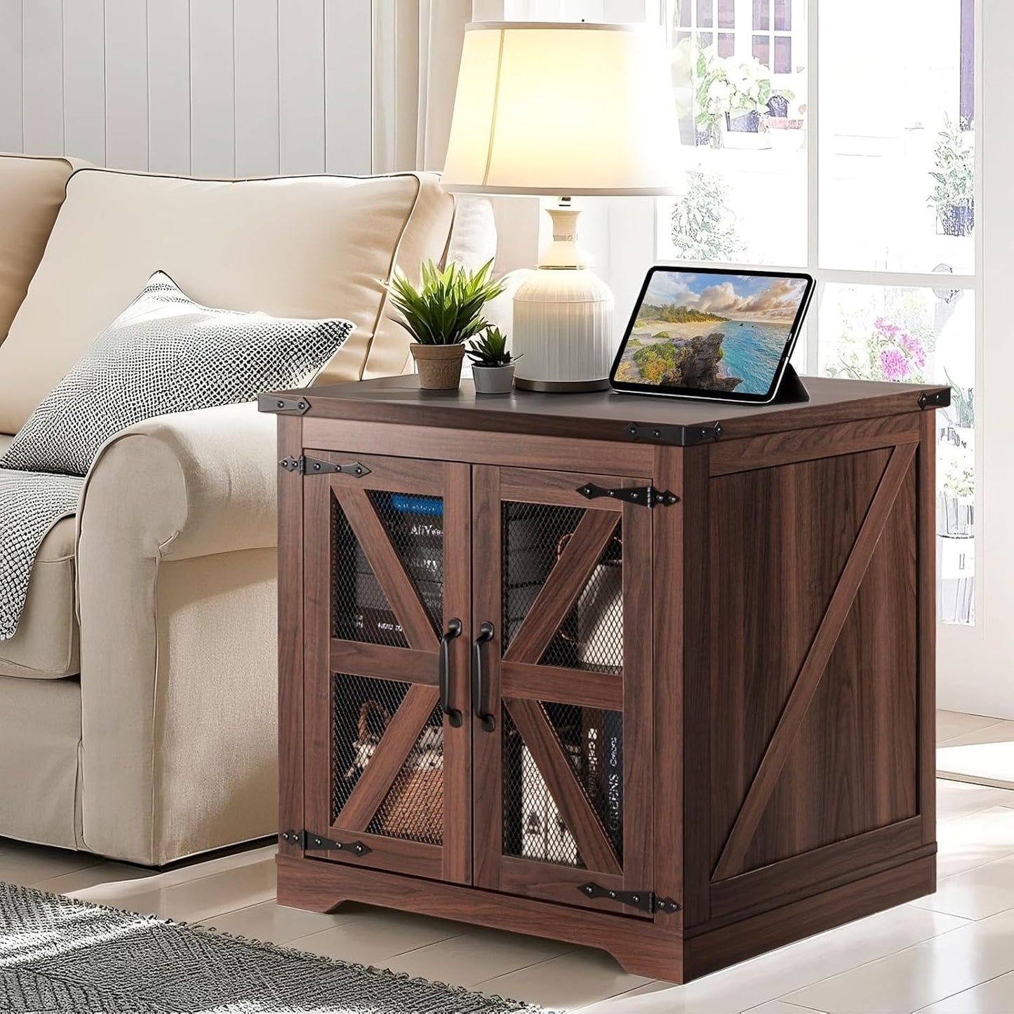 Farmhouse End Table, 24" Large Sofa Side Table with Charging Station, Mesh Barn Door, Rustic Wood Nightstand with Adjustable Storage Shelf, Square Nightstand for Living Room