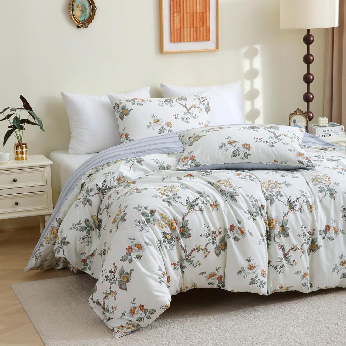 ABREEZE Floral Duvet Cover Queen Size Set Bird Flowers Bedding Set 100% Brushed Cotton Bedding Collection 1 Duvet Cover with 2 Pillowcases White