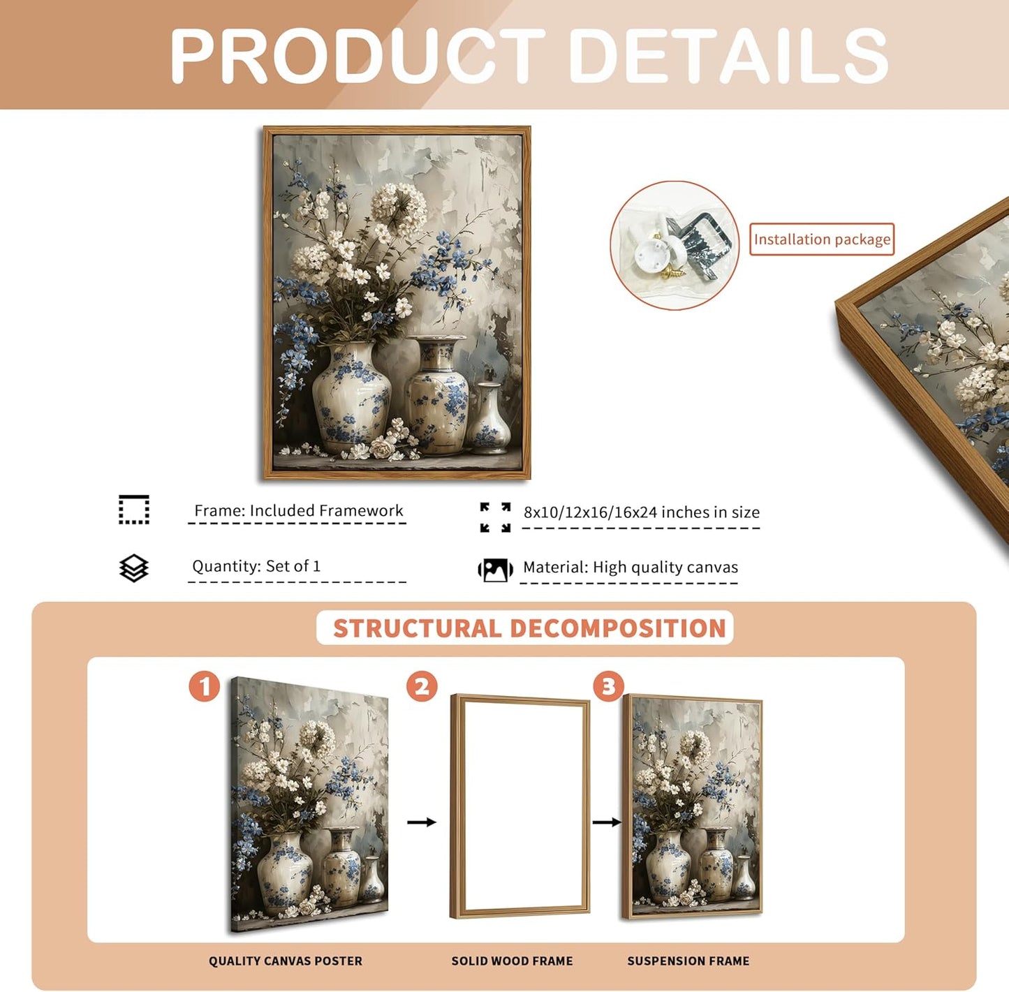 Floating Framed Farmhouse Floral Canvas Wall Art, Vintage Blue and White Flower Pictures Wall Decor, Elegant Art Jar Posters Print for Living Room Bedroom Bathroom Rustic Decor 16x24 inch