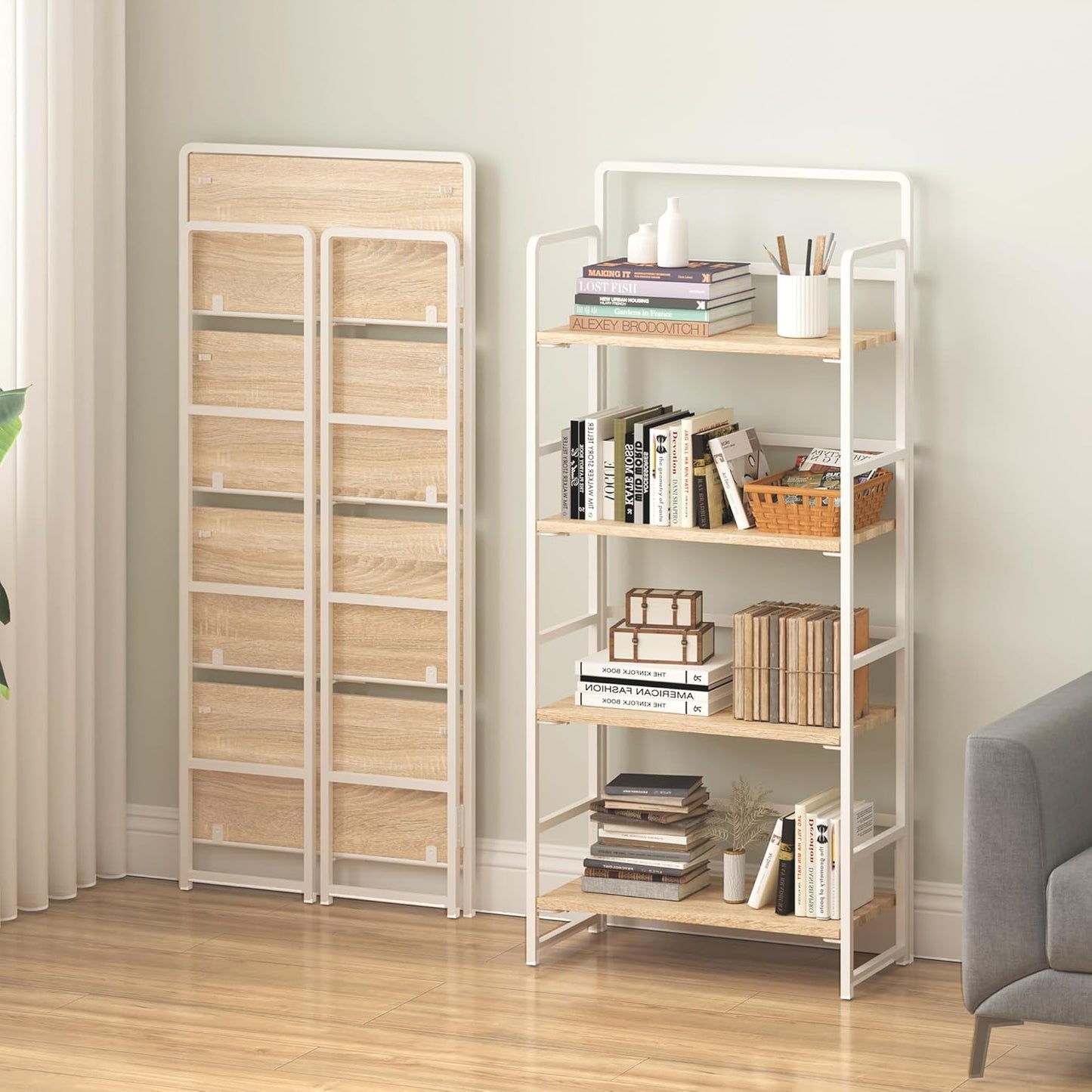 4NM No Assembly Foldable Bookshelf, 4-Shelf Collapsible Bookcase Storage for Small Spaces, 54" H, Natural White