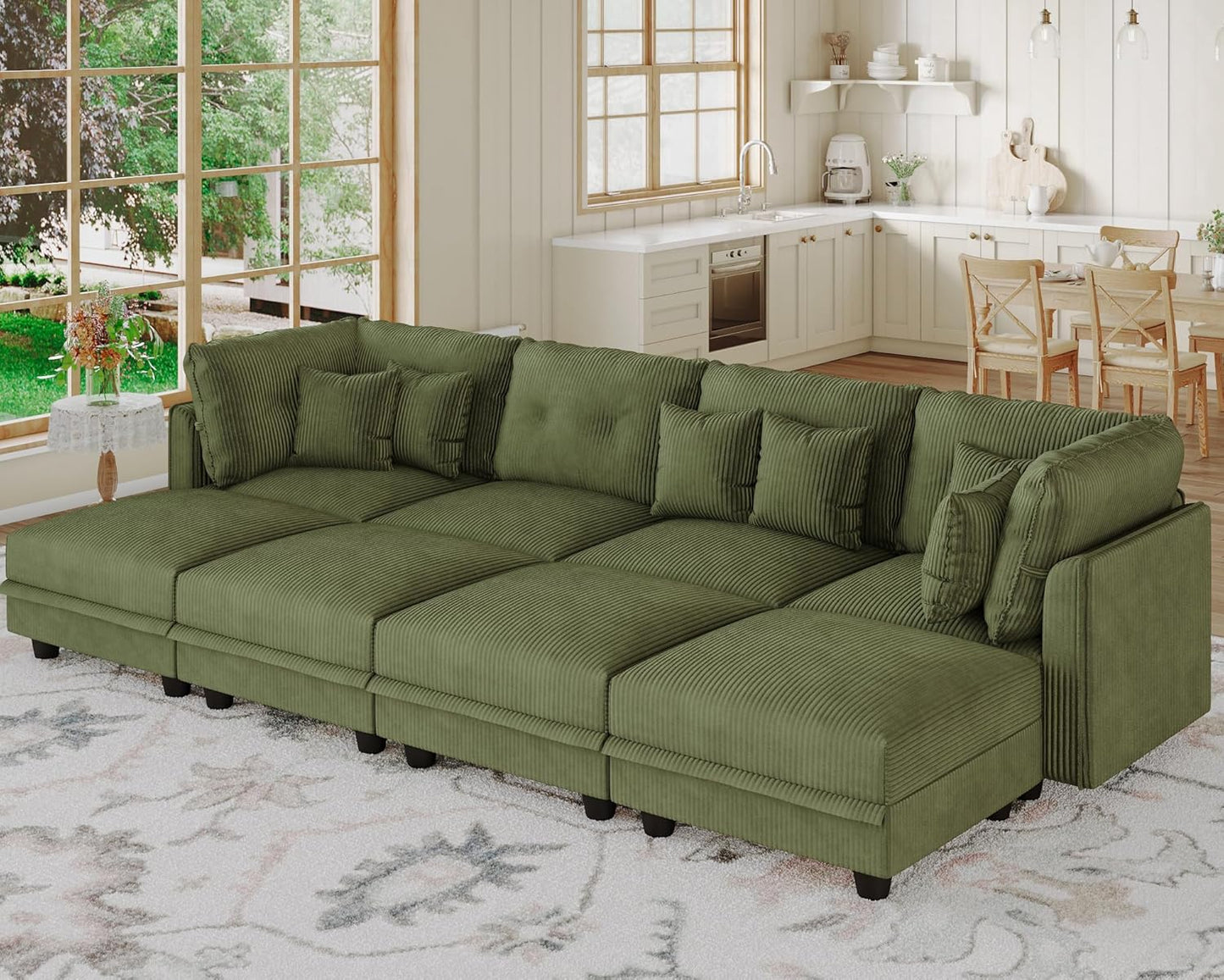 LLappuil Modular Sectional Sofa with Storage Seats, Corduroy Convertible Modular U Shaped Sectional Couch for Living Room, 8 Seat Oversized Sofa with 6 Back Cushion 6 Throw Pillow, Green
