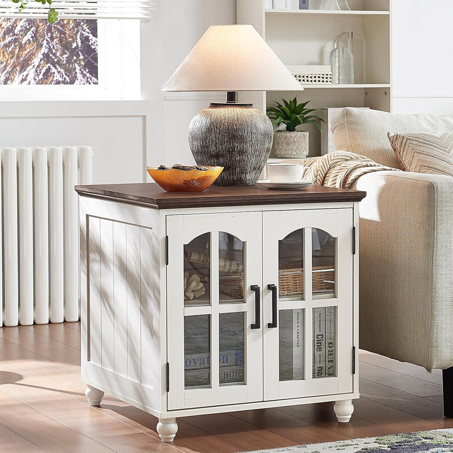 Farmhouse End Table with Charging Station,24" Large Sofa Side Table with Glass Barn Door,Rustic Wood Night Stand with Adjustable Storage Shelf,Square Bedside Table for Living Room,Bedroom Office