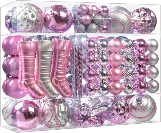150PCS Pink and Silver Christmas Ornaments, Shatterproof Christmas Ball Ornaments Set, Assorted Christmas Baubles Hanging Decorations for Xmas Tree Home Festival Party Wedding (Pink & Silver)