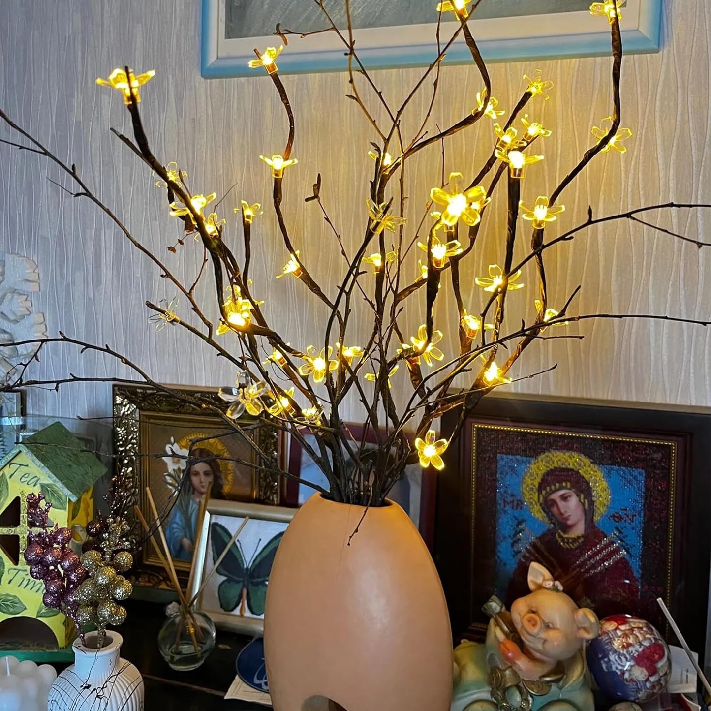 Battery Lighted Branches for Vase, 3 Pack 60 LED Fairy Artificial Cherry Blossom Flower Twig Stick Lights for Valentines Holiday Decor, Indoor Bonsai Tree Christmas Decorations (Warm White)