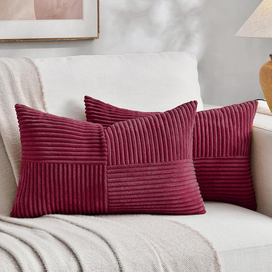 Fancy Homi 2 Packs Burgundy Lumbar Decorative Throw Pillow Covers 12x20 Inch for Living Room Couch Bed, Farmhouse Boho Home Decor, Soft Striped Corduroy Rectangle Accent Cushion Case 30x50 cm