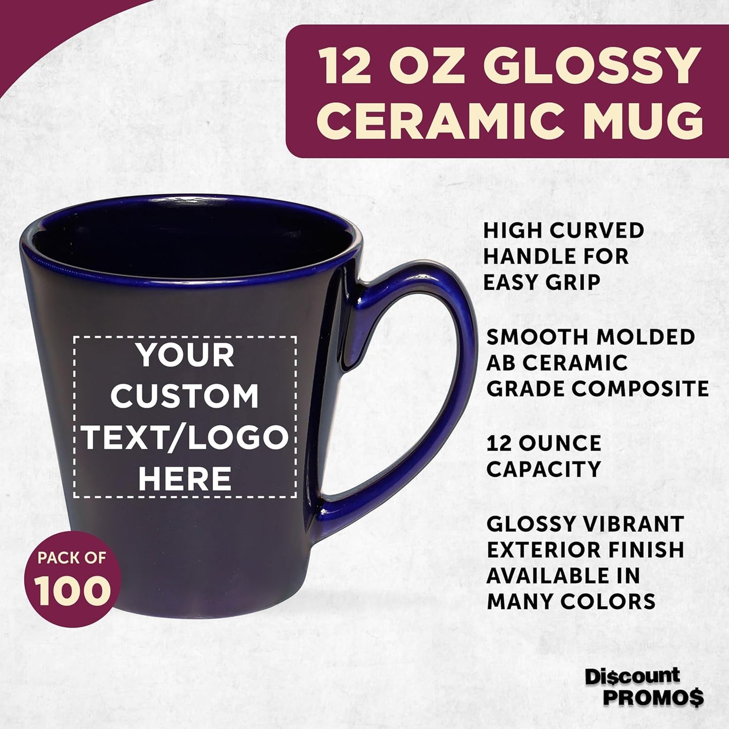 DISCOUNT PROMOS Custom Glossy Ceramic Latte Coffee Mug 12 oz. Set of 100, Personalized Bulk Pack - Perfect for Tea, Espresso, Cappuccino, Hot Cocoa - Blue