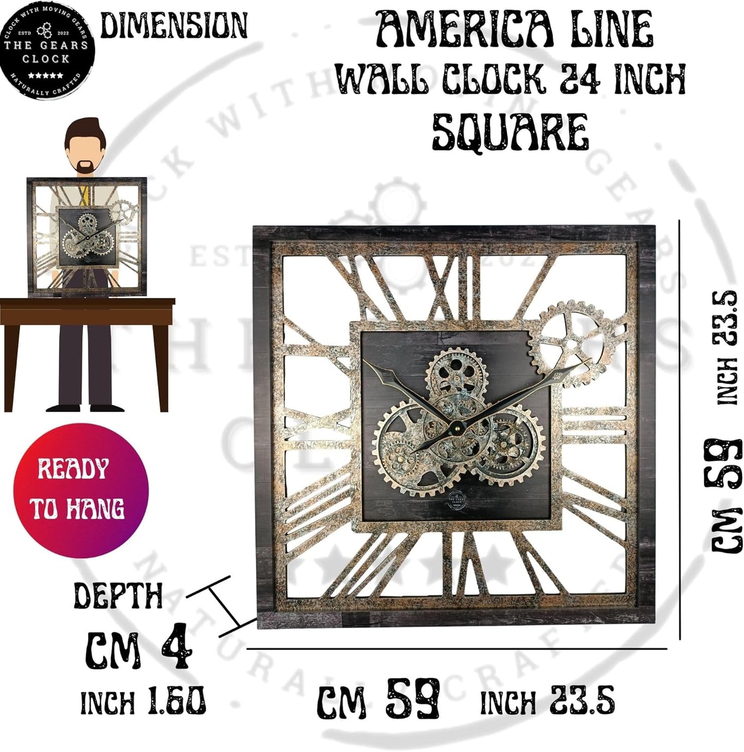 The Gears Clock 24'' Inch Square Real Moving Gear Wall Clock Vintage Industrial Oversized Rustic Farmhouse (Vintage Black)